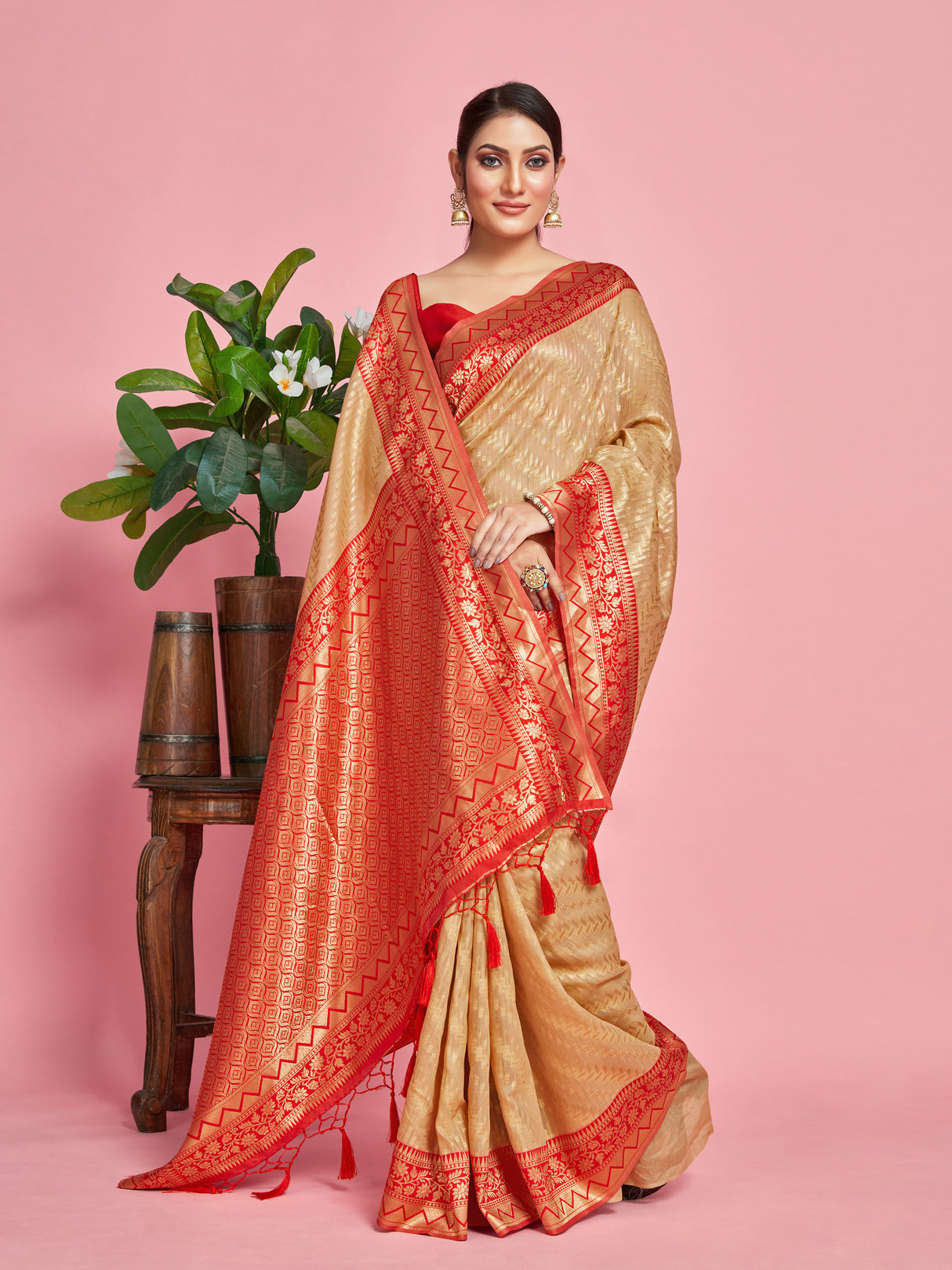 Mimosa Women's Woven Design Kanjivaram Linen Saree With Blouse Piece : SA00001256PCFREE