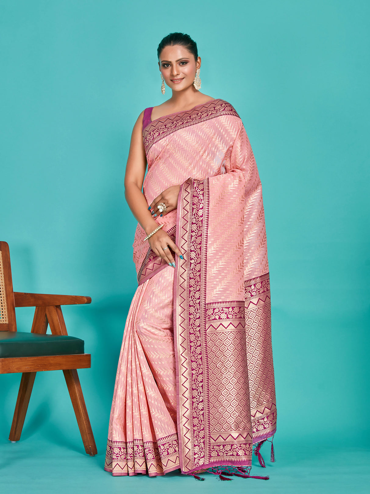 Mimosa Women's Woven Design Kanjivaram Linen Saree With Blouse Piece : SA00001256PNKFREE