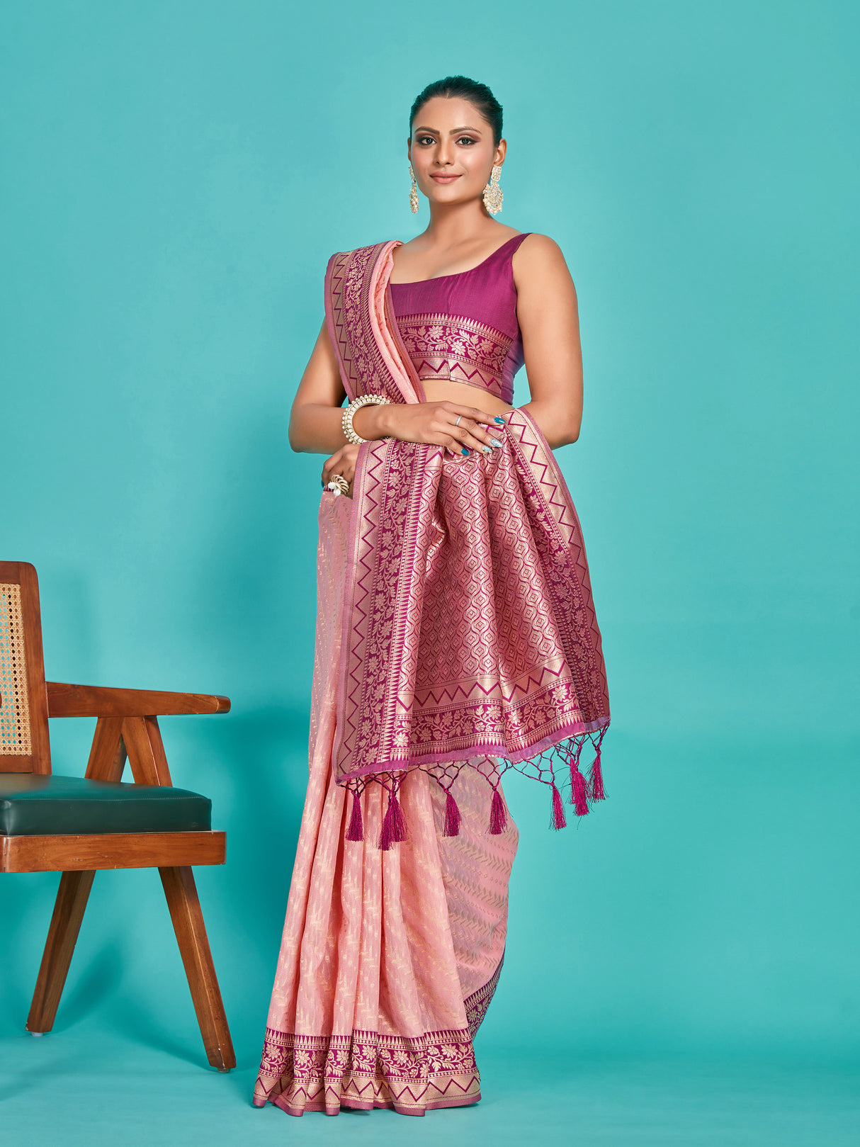 Mimosa Women's Woven Design Kanjivaram Linen Saree With Blouse Piece : SA00001256PNKFREE