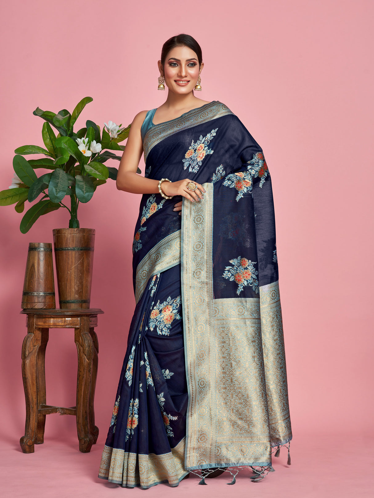 Mimosa Women's Woven Design Kanjivaram Linen Saree With Blouse Piece : SA00001258NVFREE