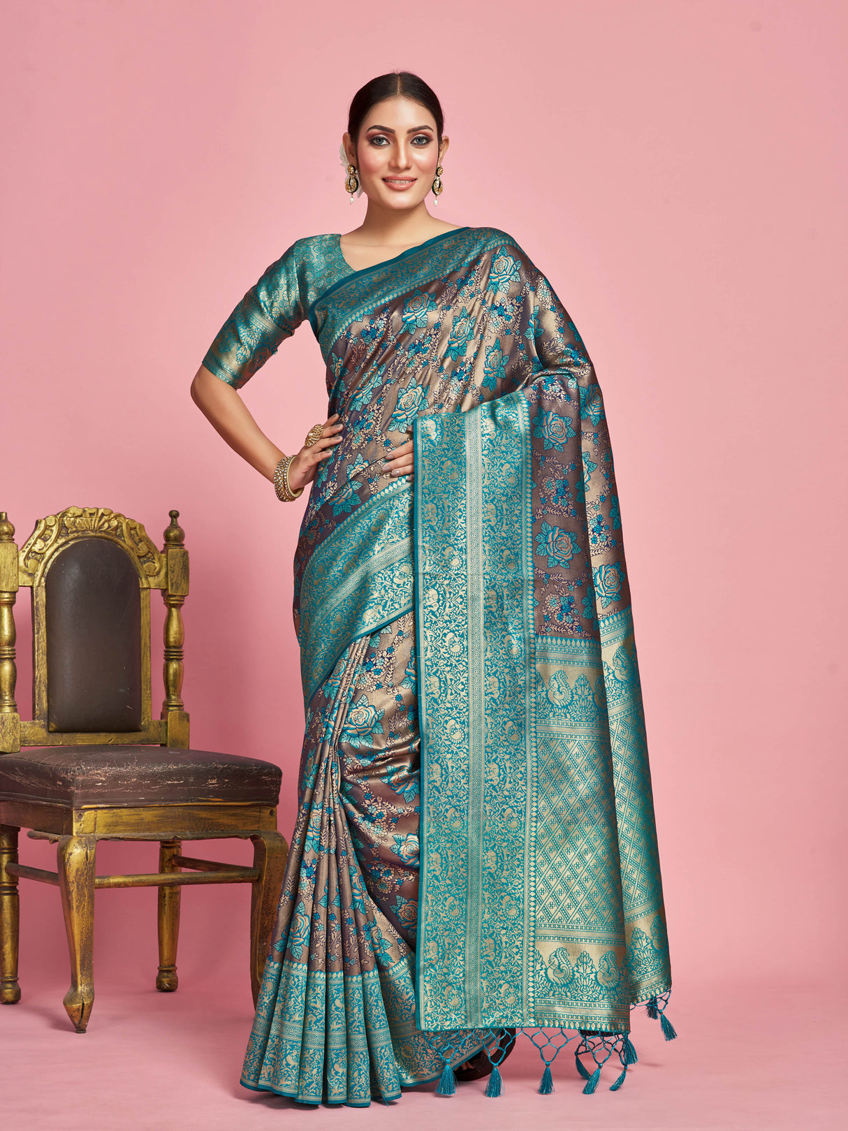Mimosa Women's Woven Design Kanjivaram Art Silk Saree With Blouse Piece : SA00001261NVFREE