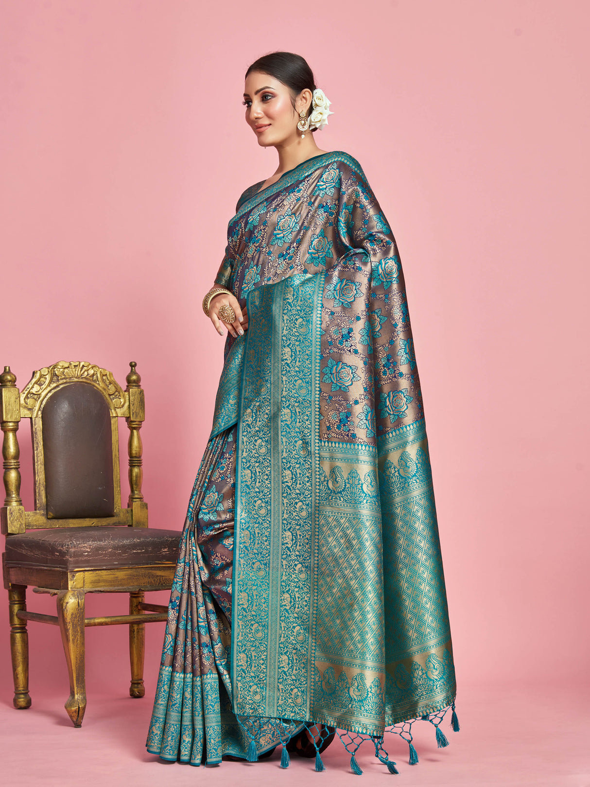 Mimosa Women's Woven Design Kanjivaram Art Silk Saree With Blouse Piece : SA00001261NVFREE