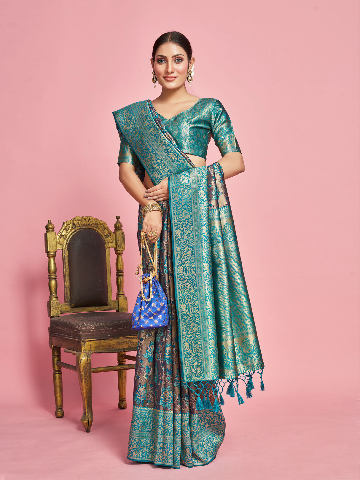 Mimosa Women's Woven Design Kanjivaram Art Silk Saree With Blouse Piece : SA00001261NVFREE