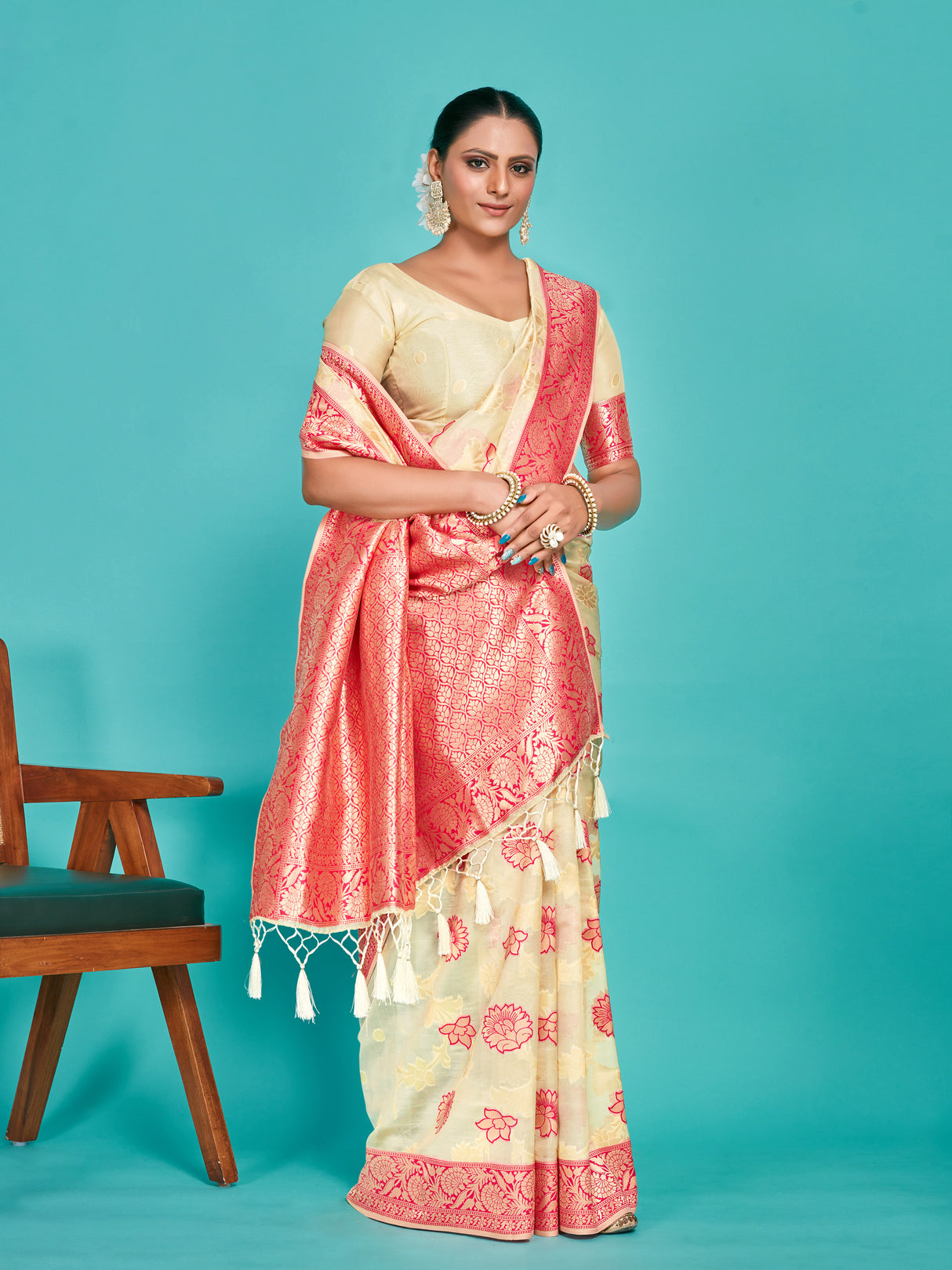 Mimosa Women's Woven Design Banarasi Linen Saree With Blouse Piece : SA00001273HWFREE