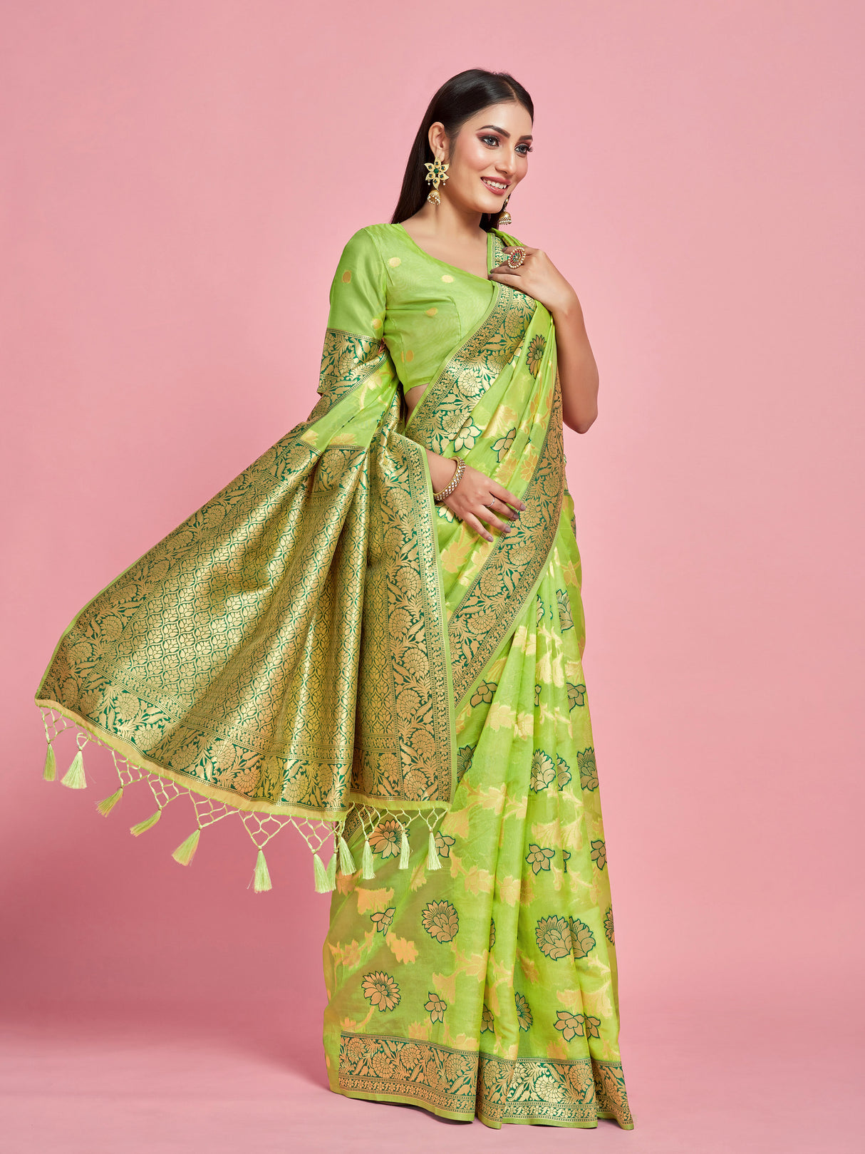 Mimosa Women's Woven Design Banarasi Linen Saree With Blouse Piece : SA00001273LRFREE