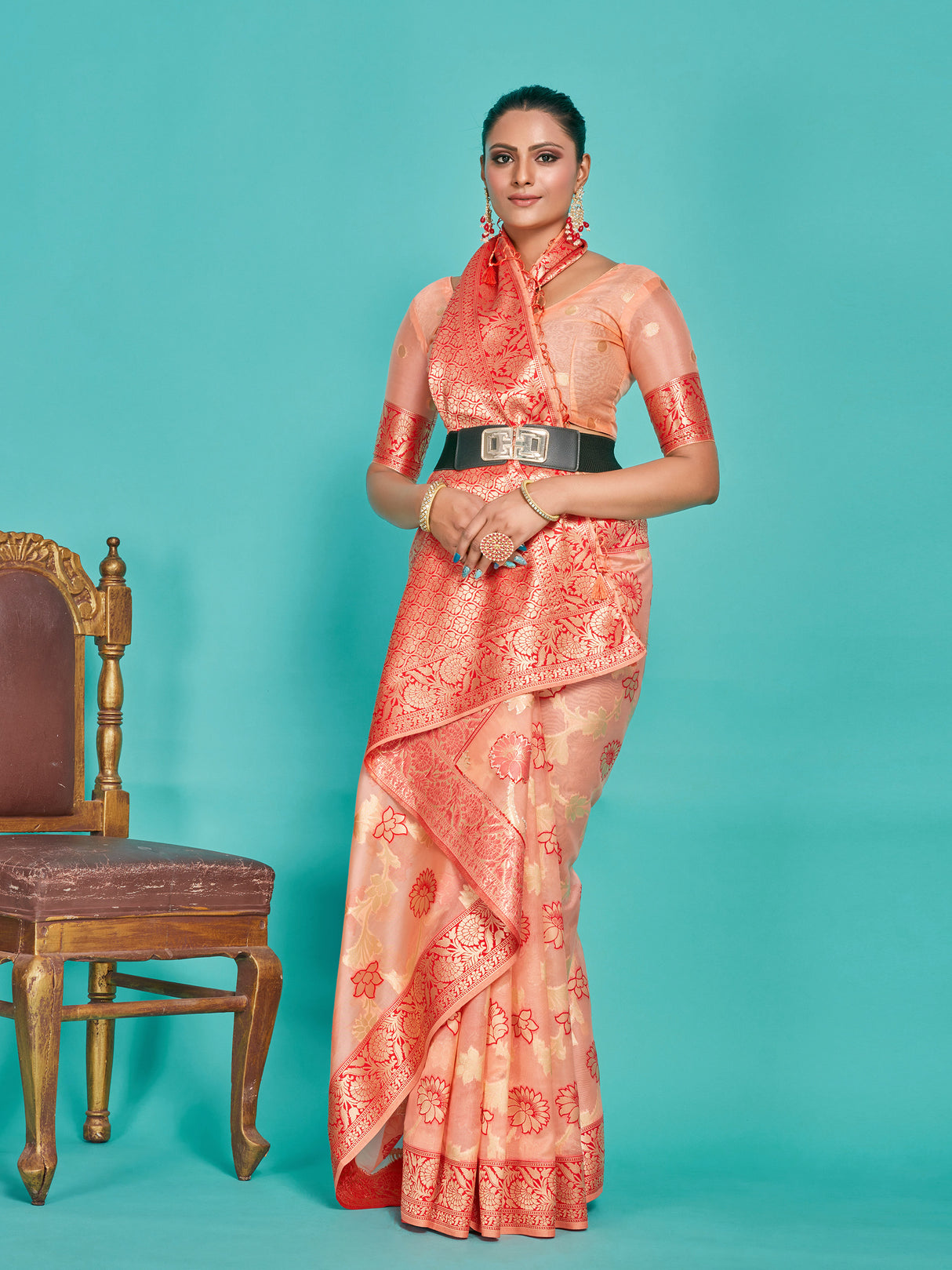 Mimosa Women's Woven Design Banarasi Linen Saree With Blouse Piece : SA00001273PCFREE