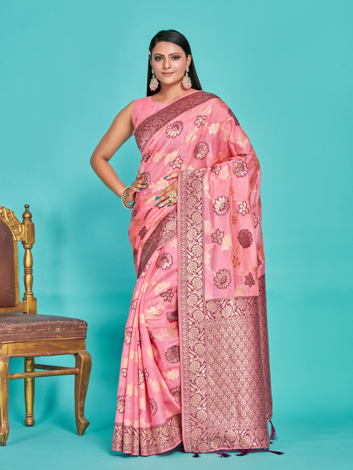 Mimosa Women's Woven Design Banarasi Linen Saree With Blouse Piece : SA00001273PNKFREE