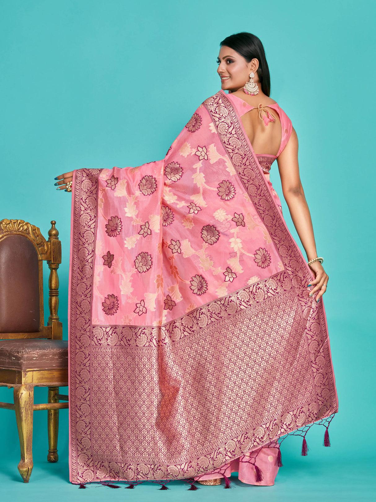 Mimosa Women's Woven Design Banarasi Linen Saree With Blouse Piece : SA00001273PNKFREE