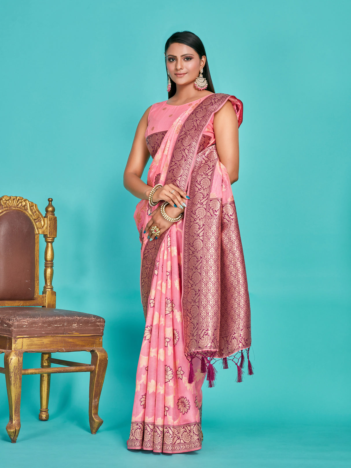 Mimosa Women's Woven Design Banarasi Linen Saree With Blouse Piece : SA00001273PNKFREE