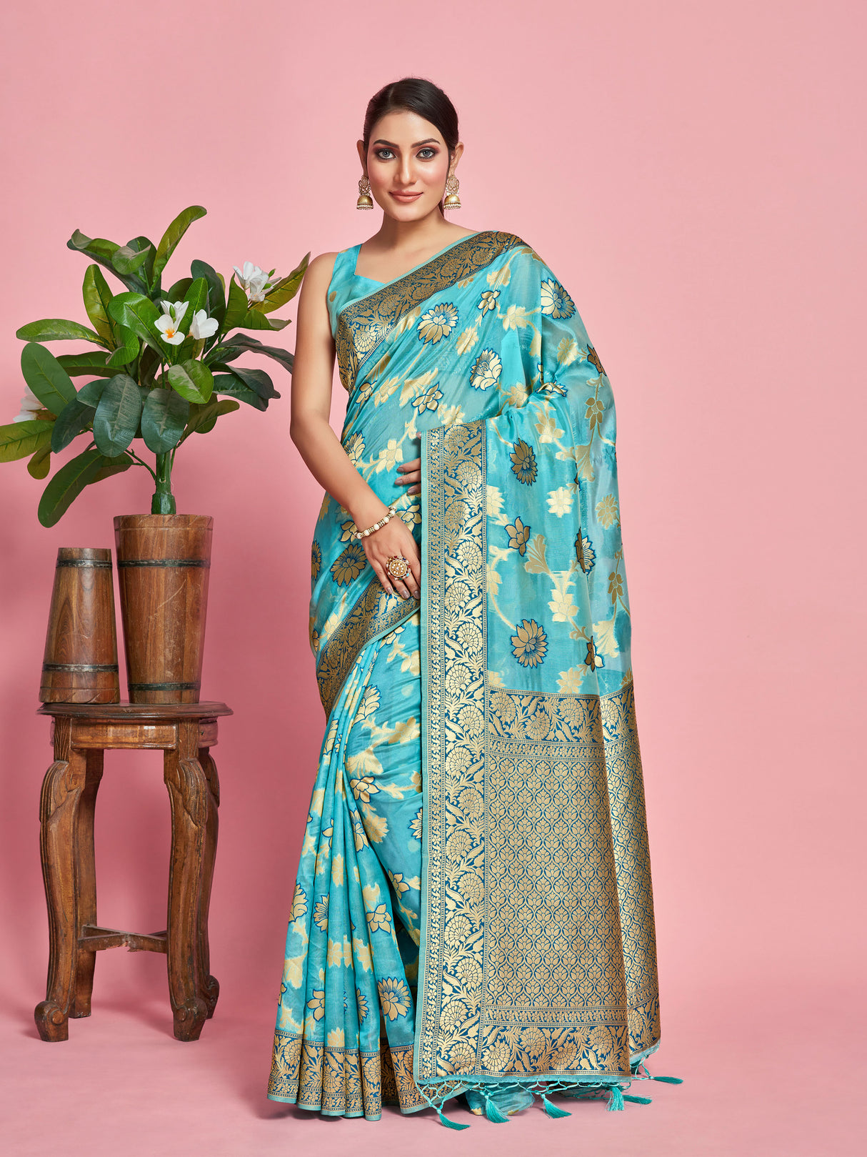 Mimosa Women's Woven Design Banarasi Linen Saree With Blouse Piece : SA00001273SFFREE