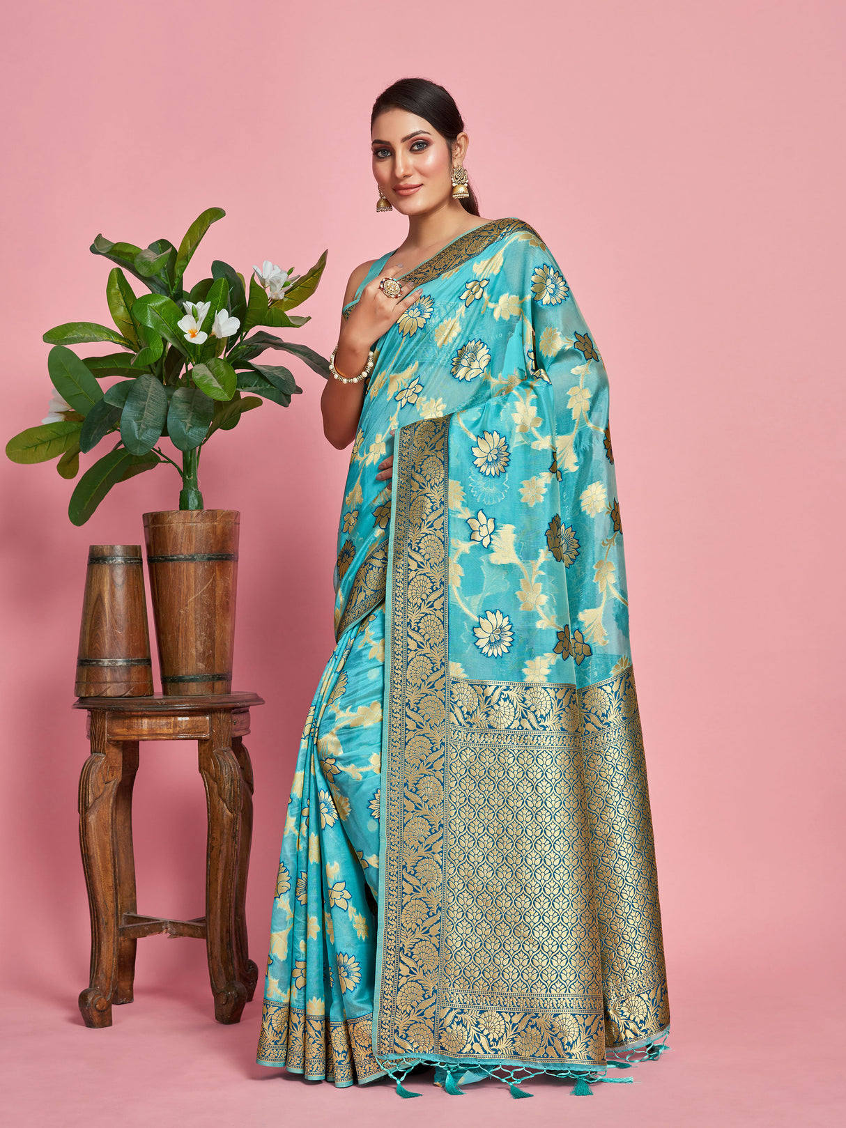 Mimosa Women's Woven Design Banarasi Linen Saree With Blouse Piece : SA00001273SFFREE