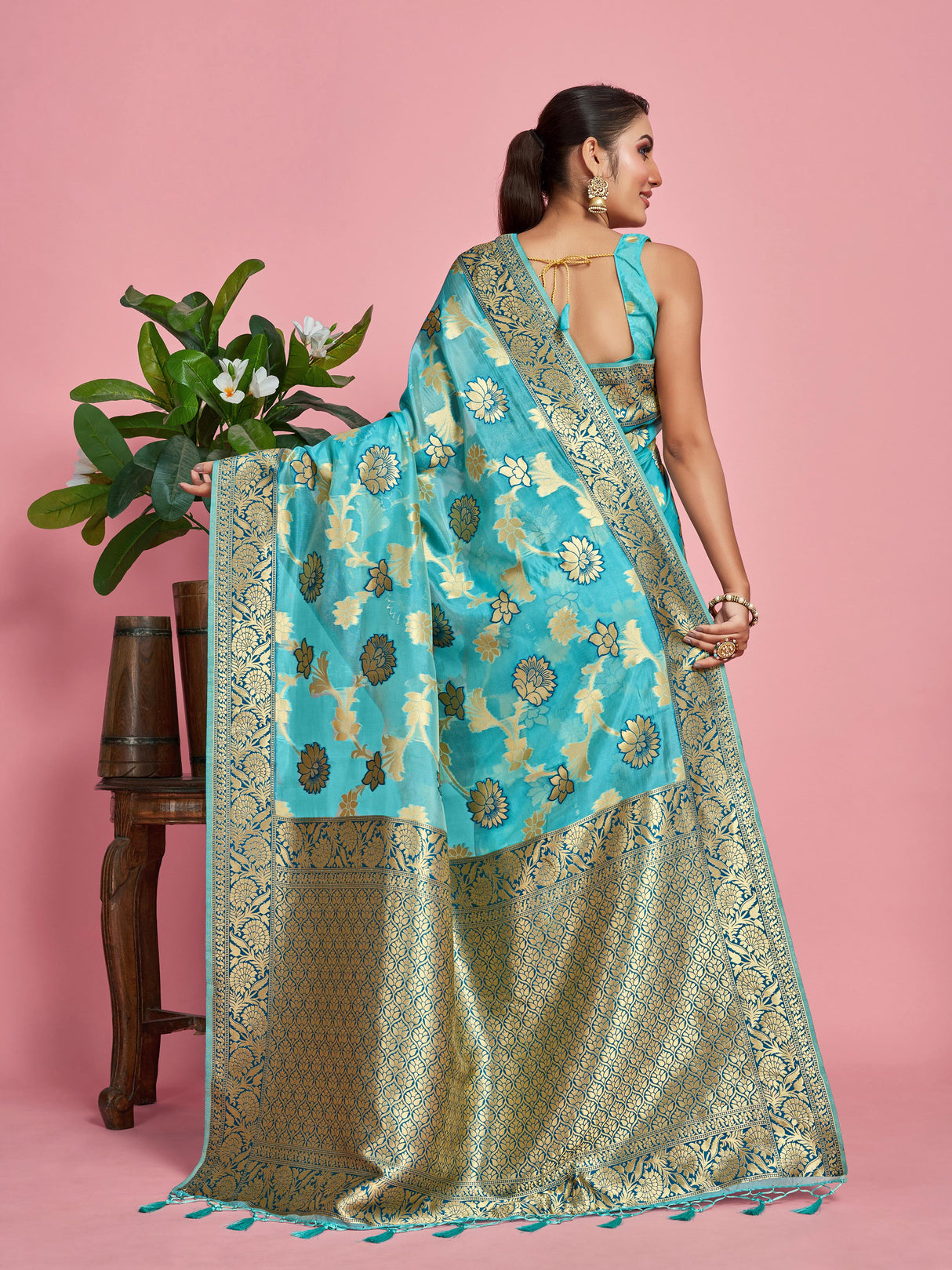 Mimosa Women's Woven Design Banarasi Linen Saree With Blouse Piece : SA00001273SFFREE