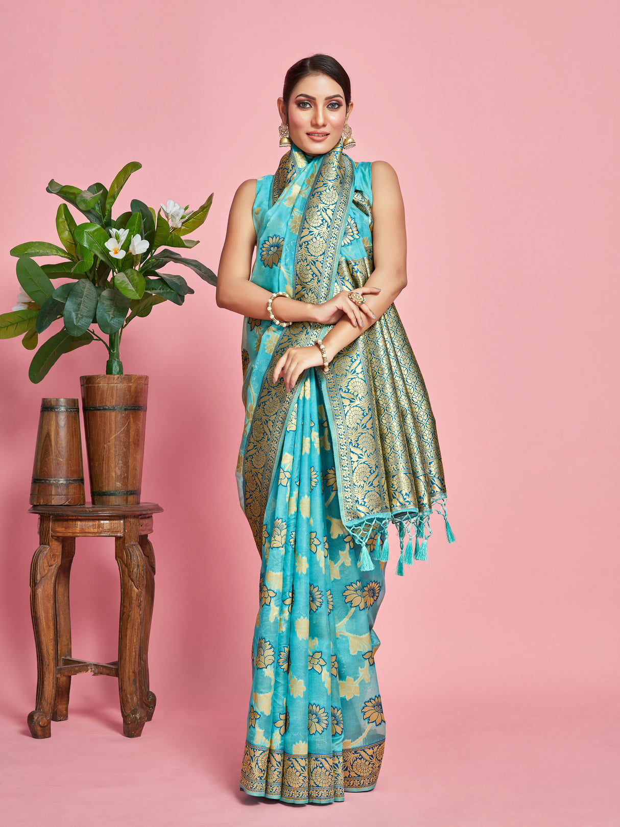 Mimosa Women's Woven Design Banarasi Linen Saree With Blouse Piece : SA00001273SFFREE