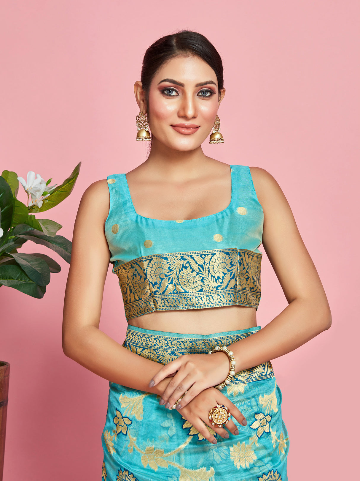 Mimosa Women's Woven Design Banarasi Linen Saree With Blouse Piece : SA00001273SFFREE