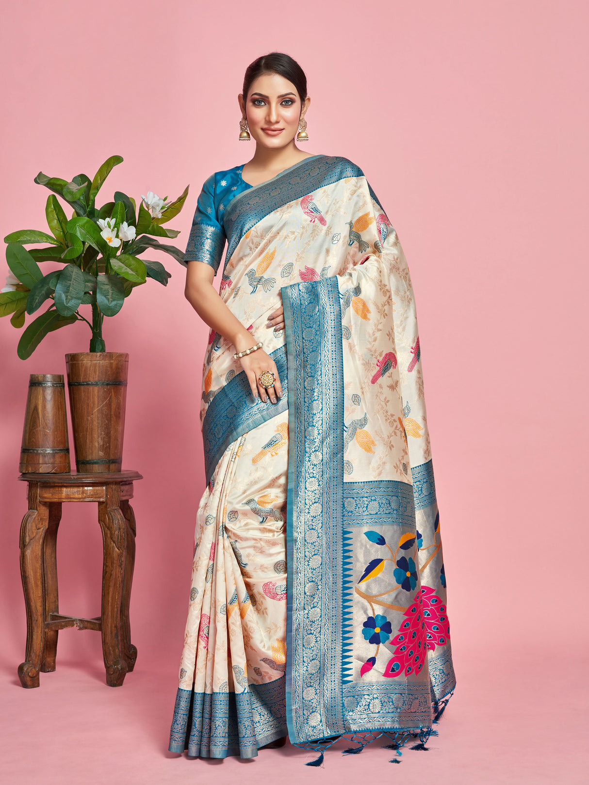 Mimosa Women's Woven Design Banarasi Lenin Saree With Blouse Piece : SA00001281HWFREE