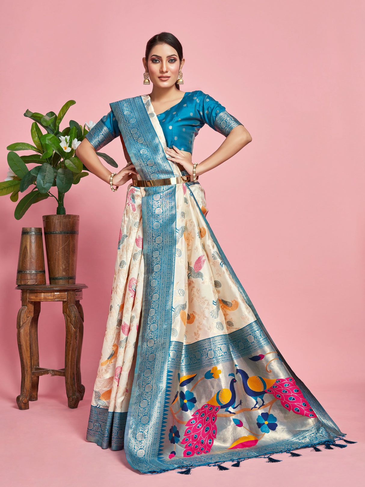 Mimosa Women's Woven Design Banarasi Lenin Saree With Blouse Piece : SA00001281HWFREE