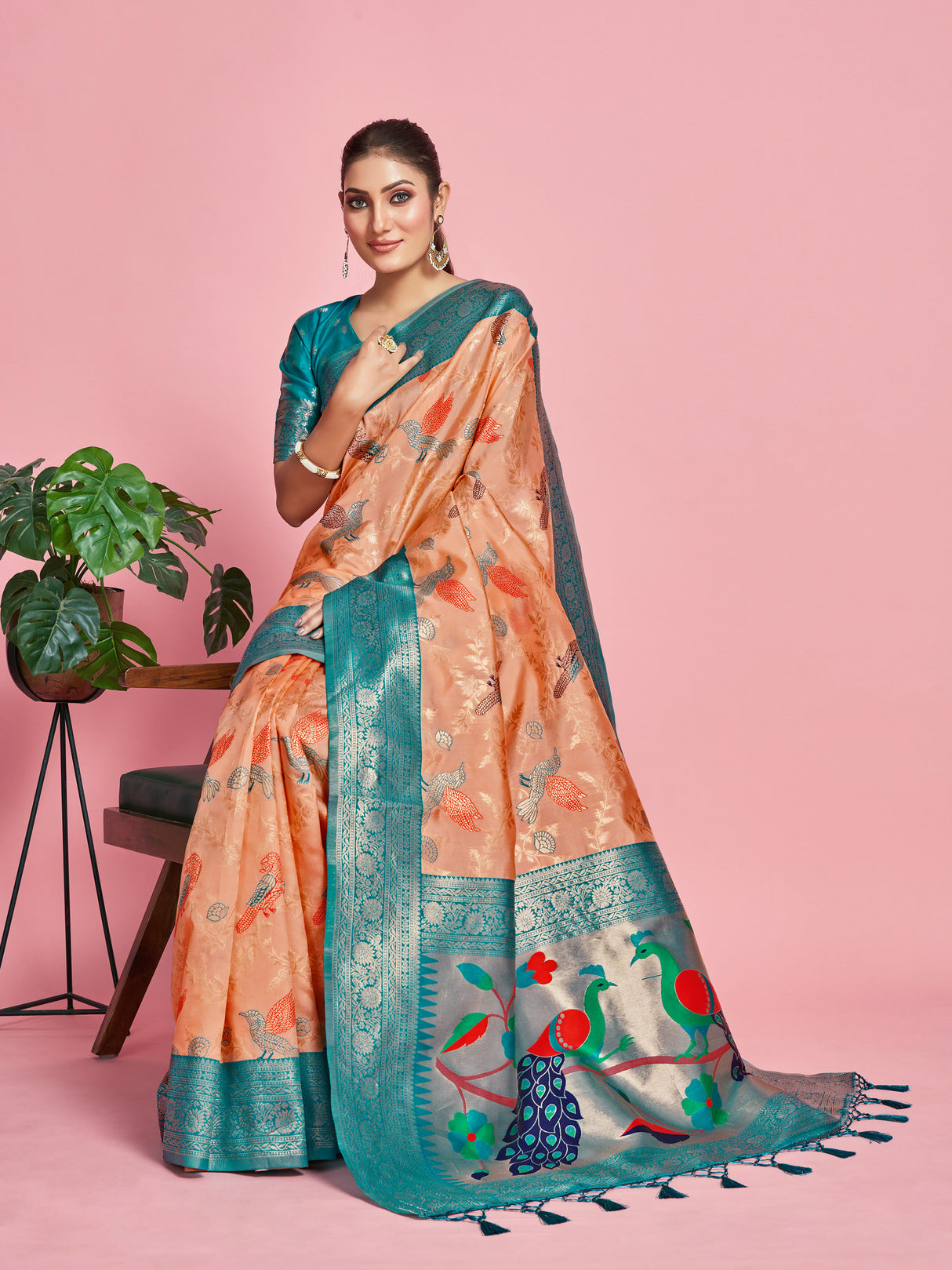 Mimosa Women's Woven Design Banarasi Lenin Saree With Blouse Piece : SA00001281PCFREE