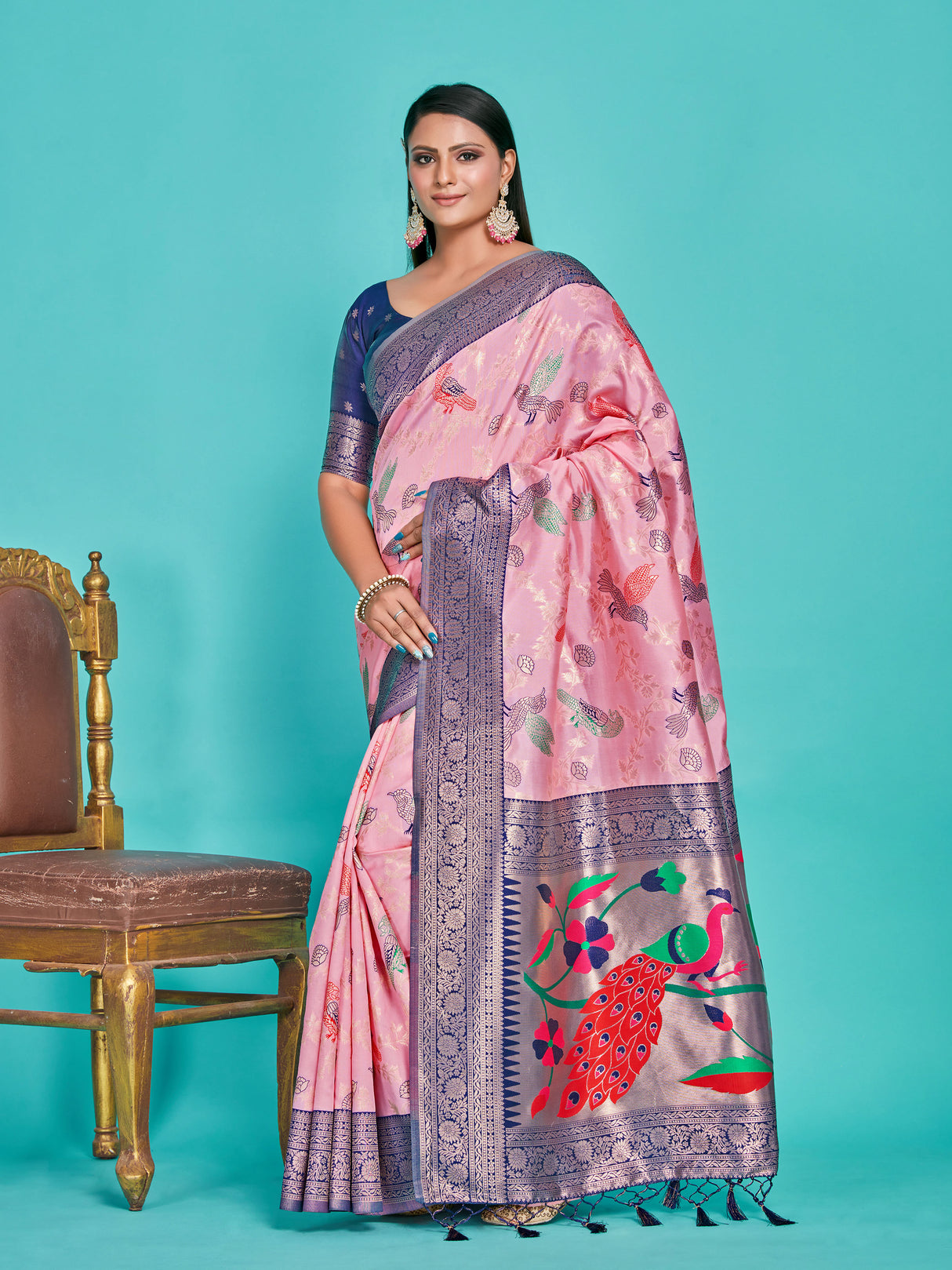 Mimosa Women's Woven Design Banarasi Lenin Saree With Blouse Piece : SA00001281PNKFREE