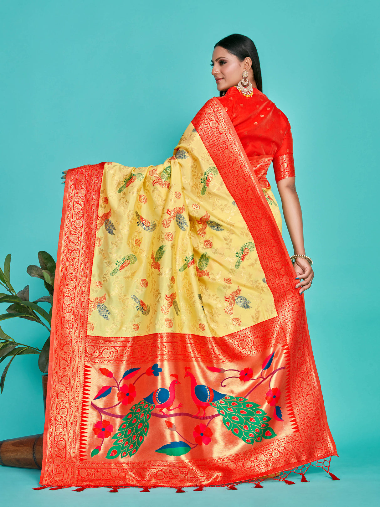 Mimosa Women's Woven Design Banarasi Lenin Saree With Blouse Piece : SA00001281YLWFREE