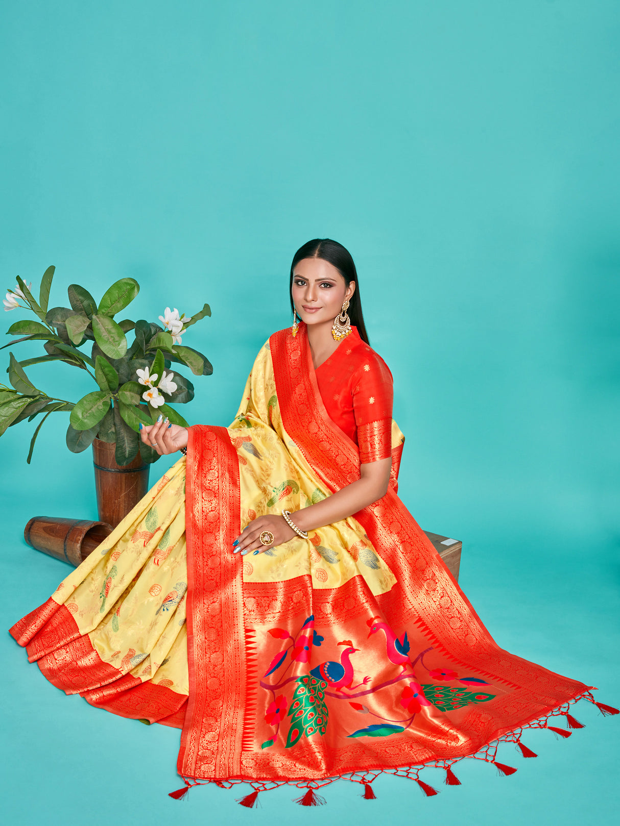 Mimosa Women's Woven Design Banarasi Lenin Saree With Blouse Piece : SA00001281YLWFREE