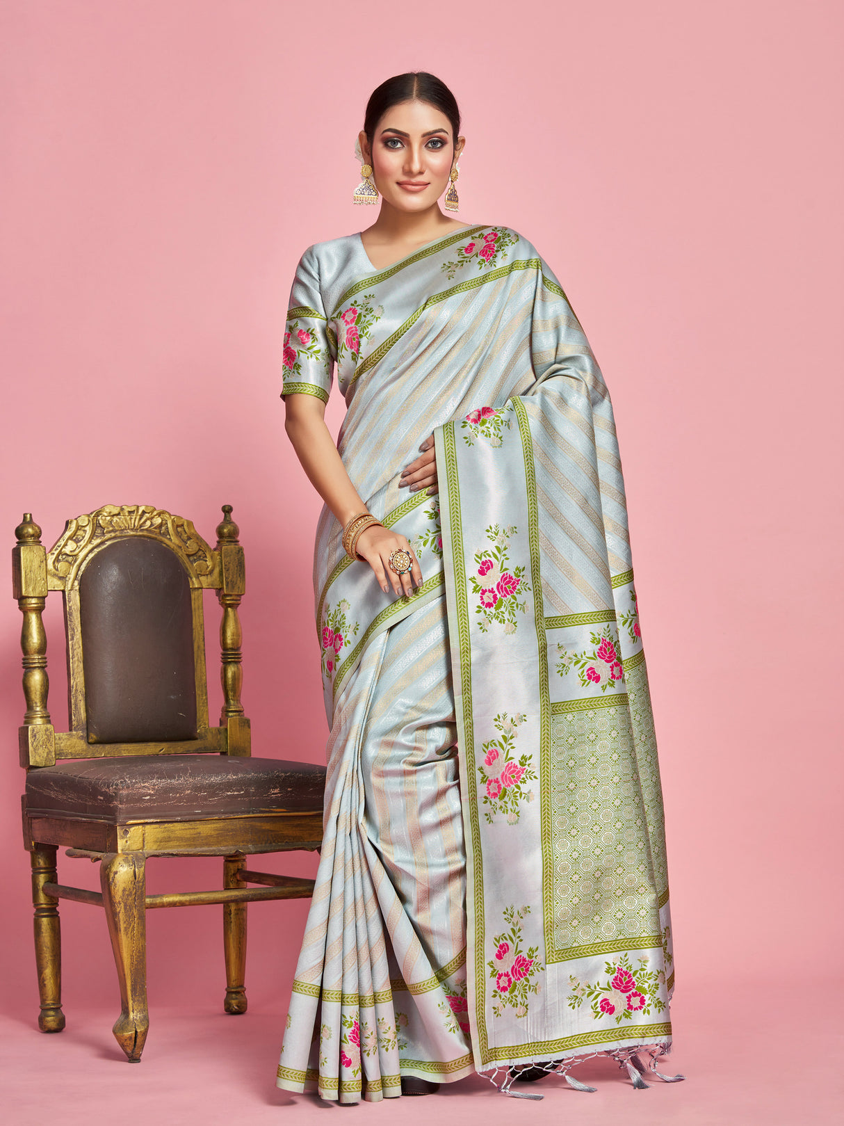 Mimosa Women's Woven Design Banarasi Art Silk Saree With Blouse Piece : SA00001282GYFREE