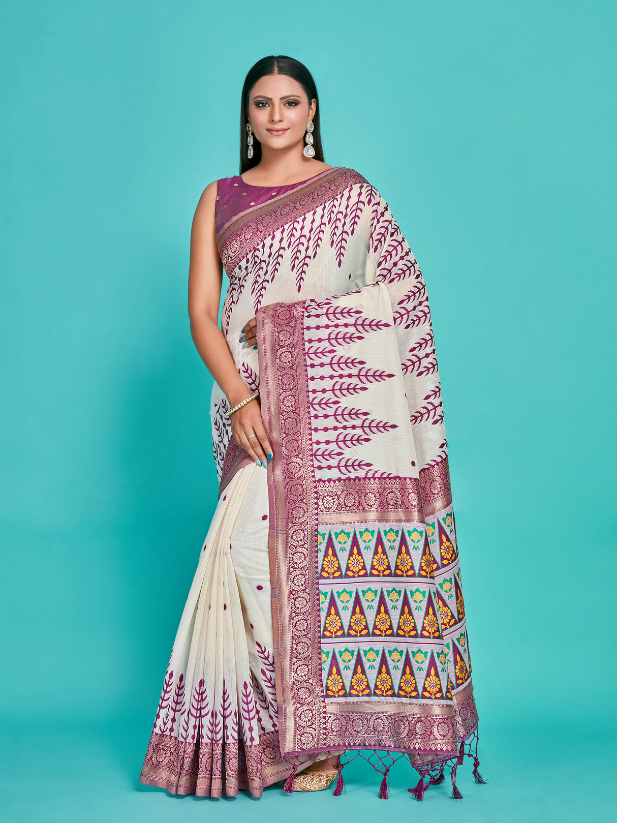 Mimosa Women's Woven Design Banarasi Linen Saree With Blouse Piece : SA00001284WNFREE