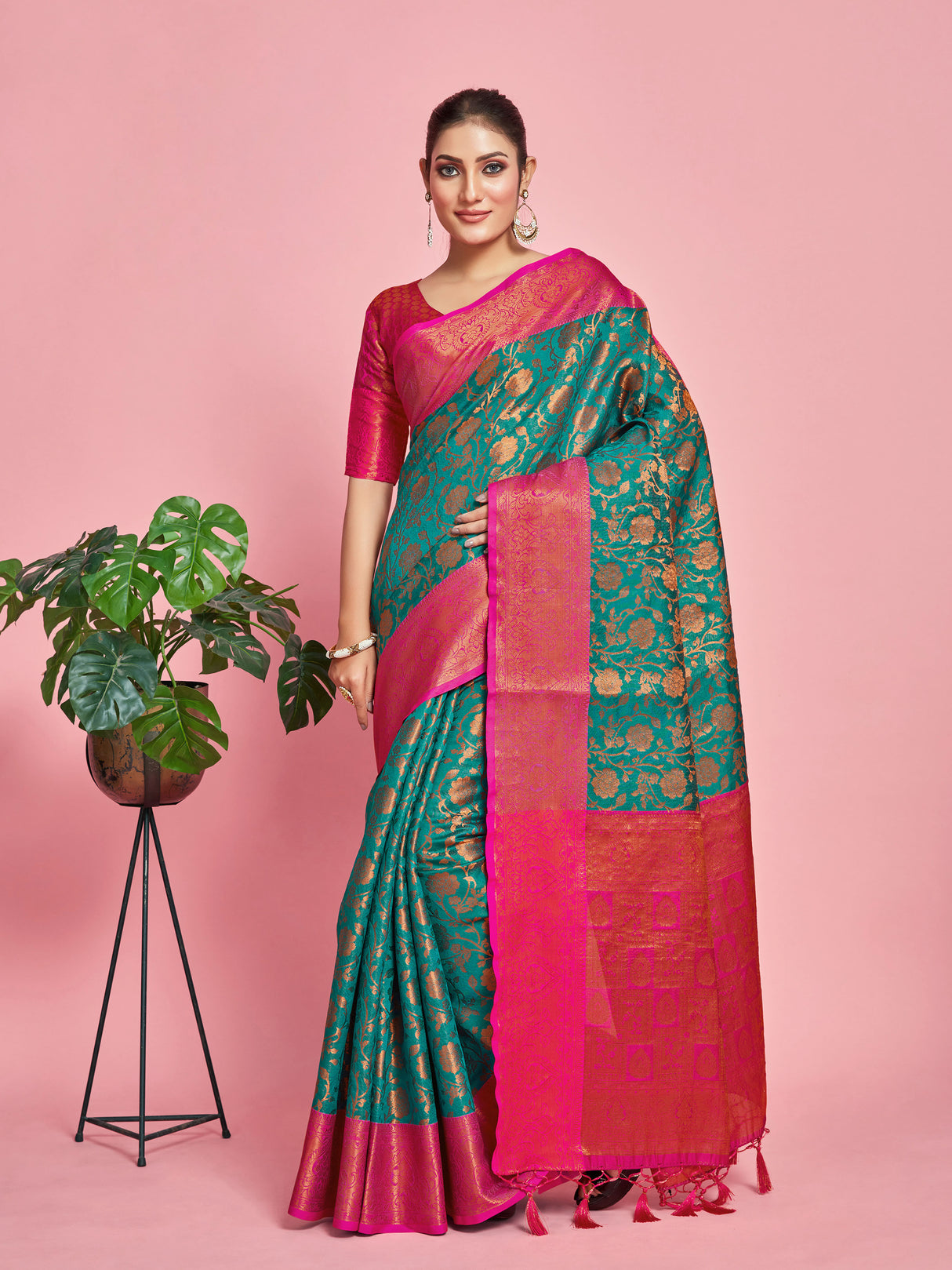 Mimosa Women's Woven Design Kanjivaram Art Silk Saree With Blouse Piece : SA00001291RMFREE