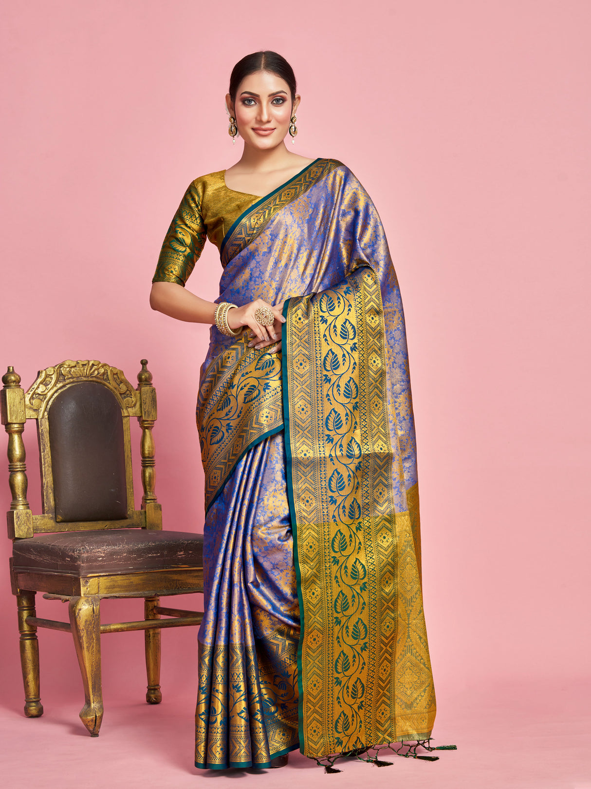Mimosa Women's Woven Design Kanjivaram Art Silk Saree With Blouse Piece : SA00001292RBFREE