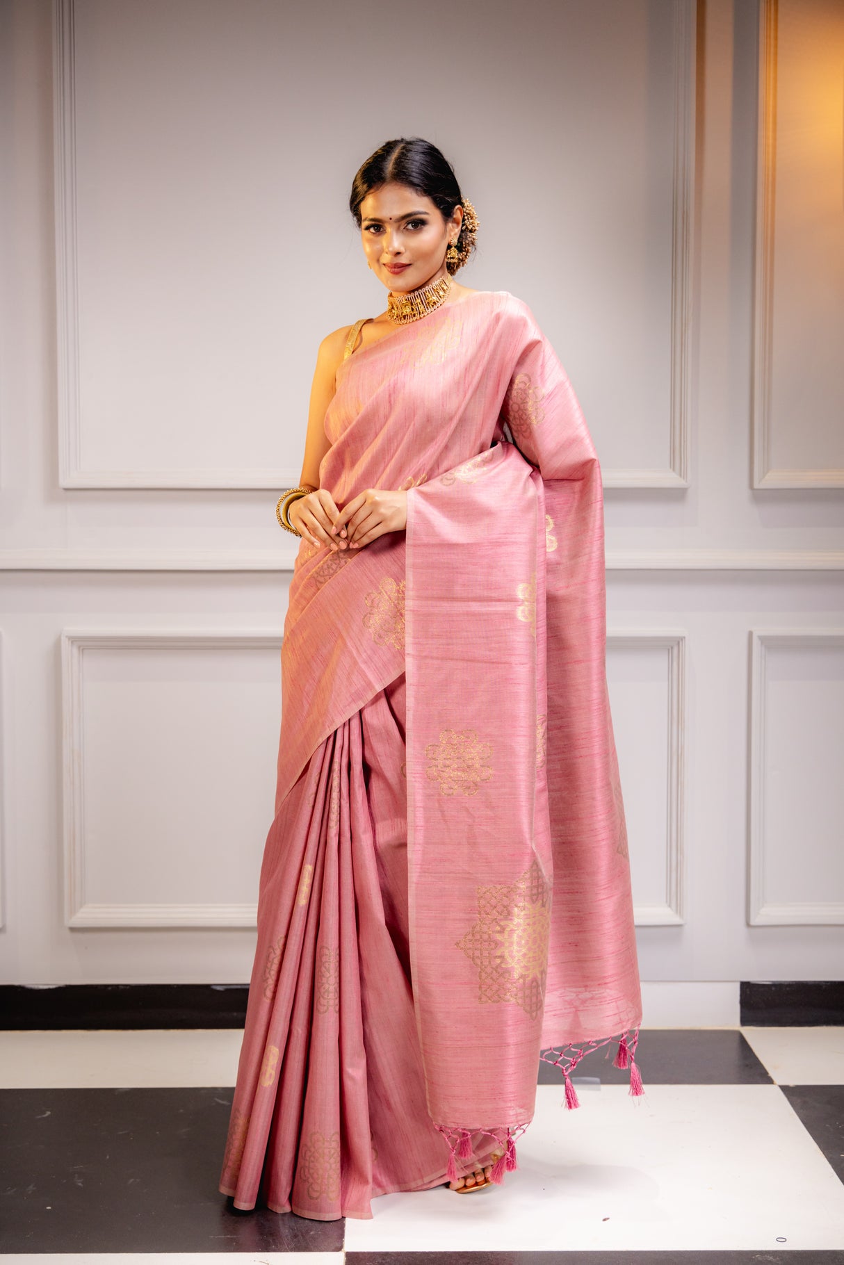 Mimosa Women's Woven Design Bishnupuri Style Art Silk Saree With Blouse Piece : SA00001665PNKFREE