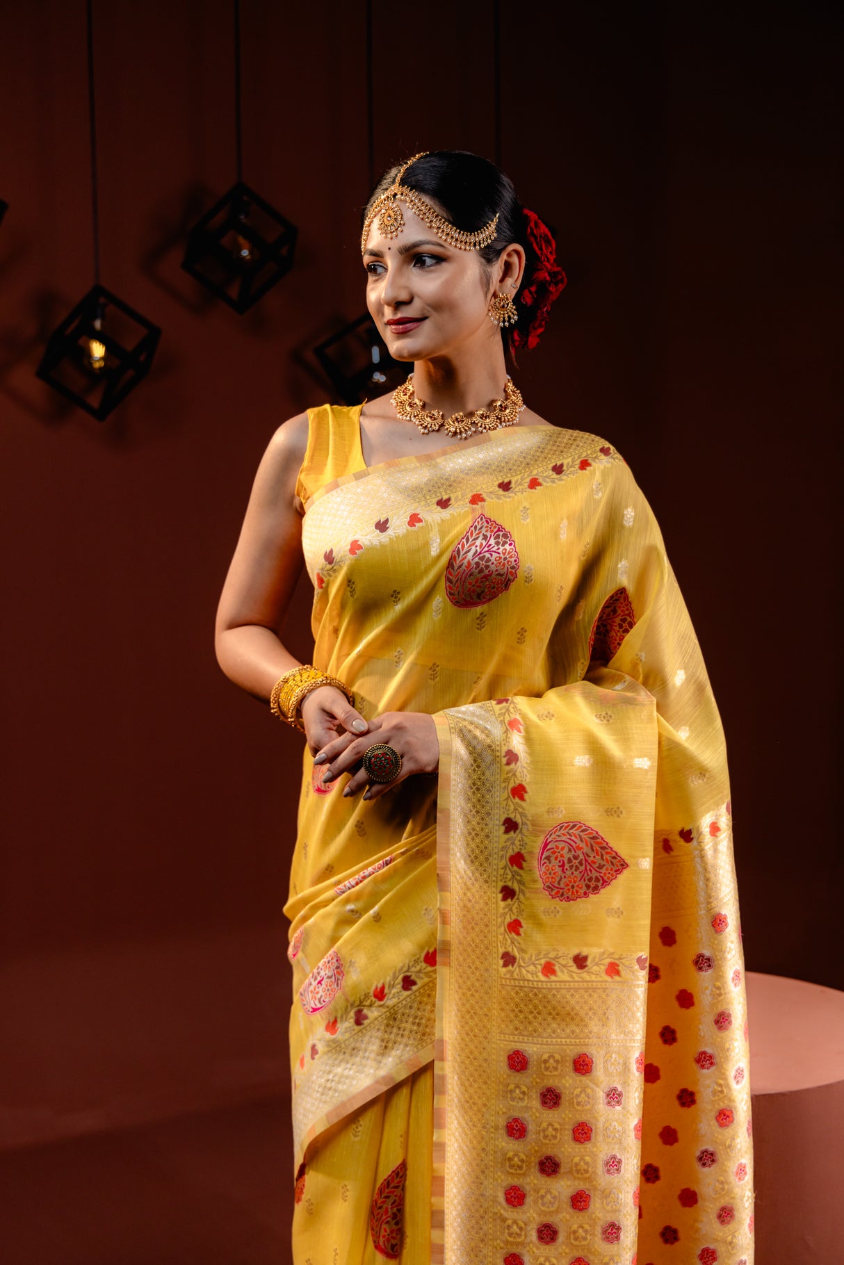 Mimosa Women's Woven Design Banarasi Style Art Silk Saree With Blouse Piece : SA00001794YLWFREE