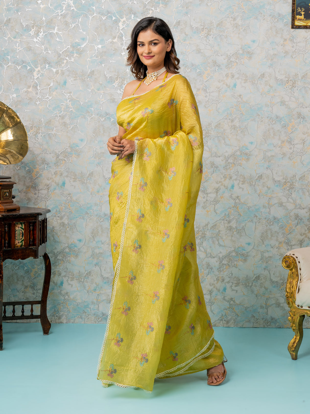 Mimosa Women's Woven Design Banarasi Style Tissue Crush Saree With Blouse Piece : SA00001884GDFREE