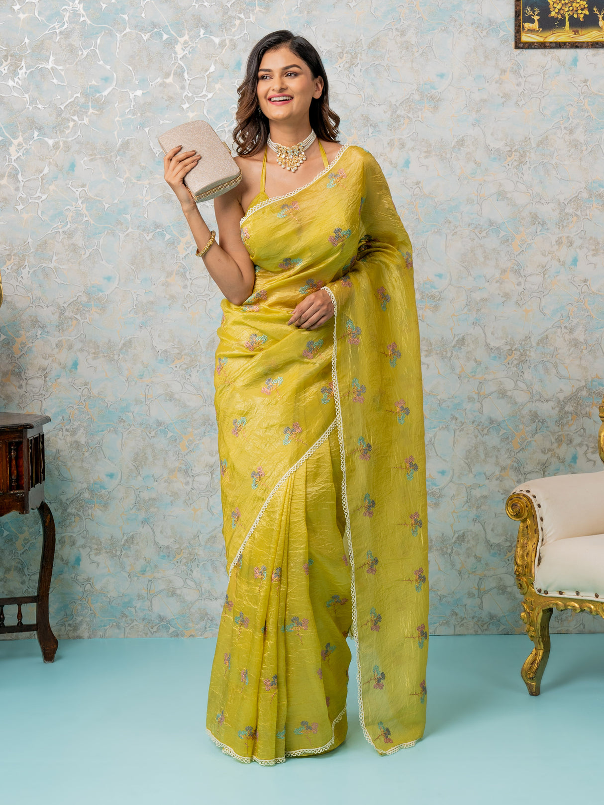 Mimosa Women's Woven Design Banarasi Style Tissue Crush Saree With Blouse Piece : SA00001884GDFREE