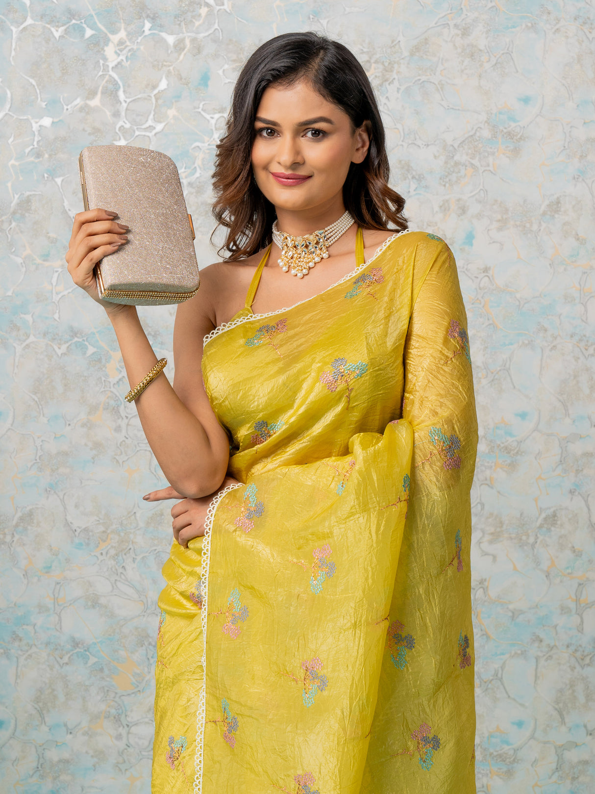 Mimosa Women's Woven Design Banarasi Style Tissue Crush Saree With Blouse Piece : SA00001884GDFREE