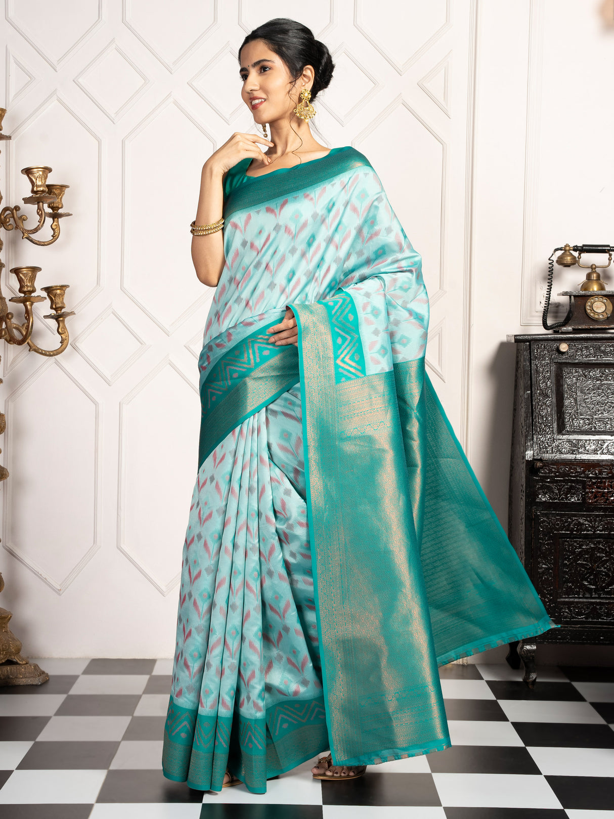 Mimosa Women's Woven Design Pochampally Style Art Silk Saree With Blouse Piece : SA00001948RMFREE