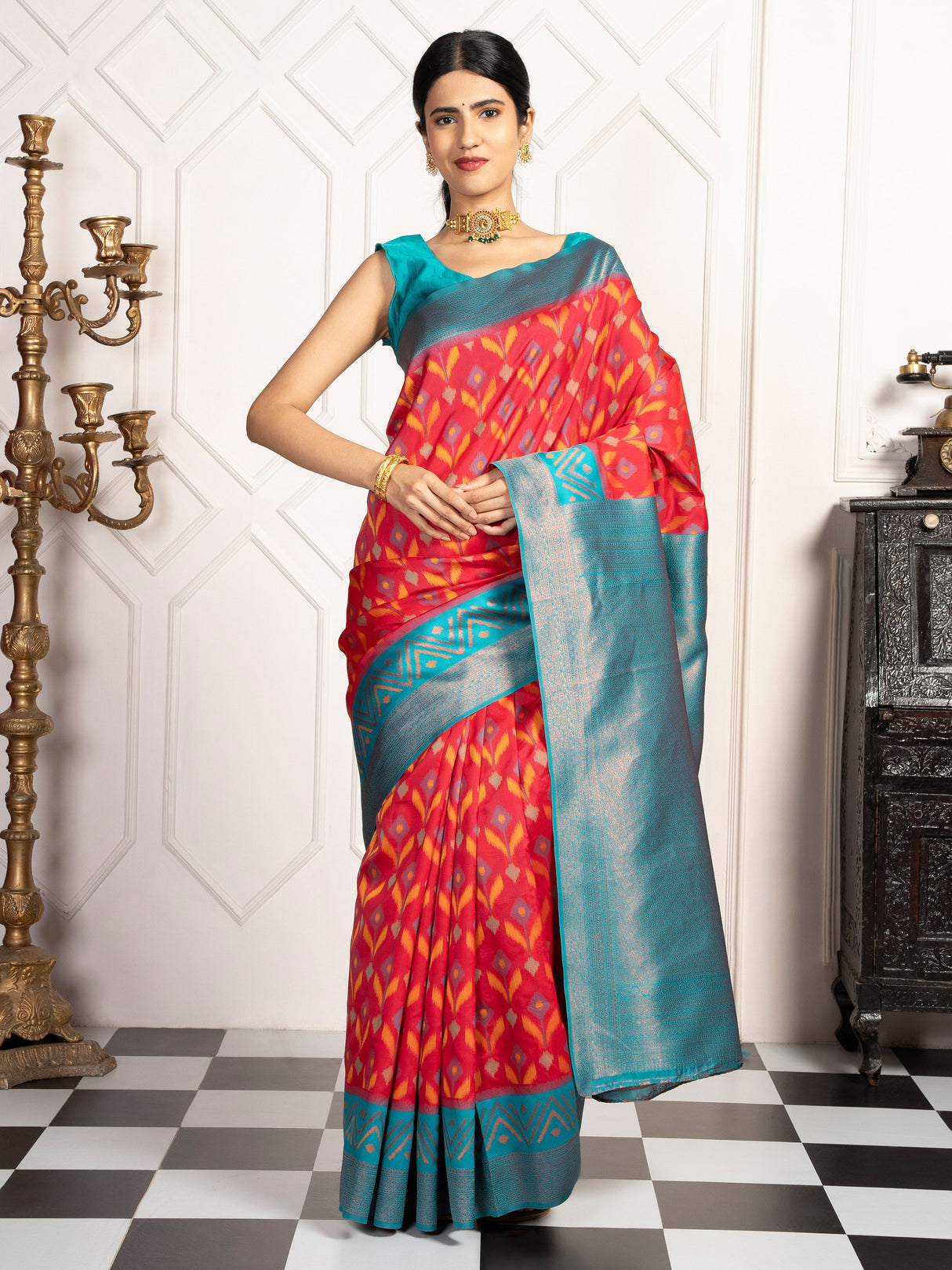 Mimosa Women's Woven Design Pochampally Style Art Silk Saree With Blouse Piece : SA00001948STFREE