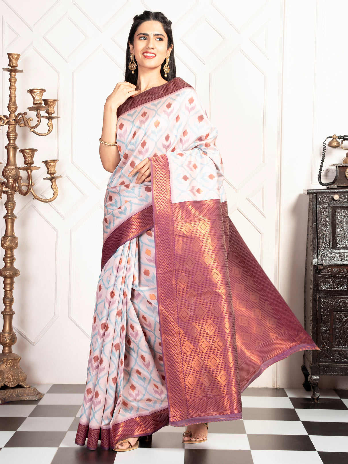 Mimosa Women's Woven Design Pochampally Style Art Silk Saree With Blouse Piece : SA00001953PNKFREE