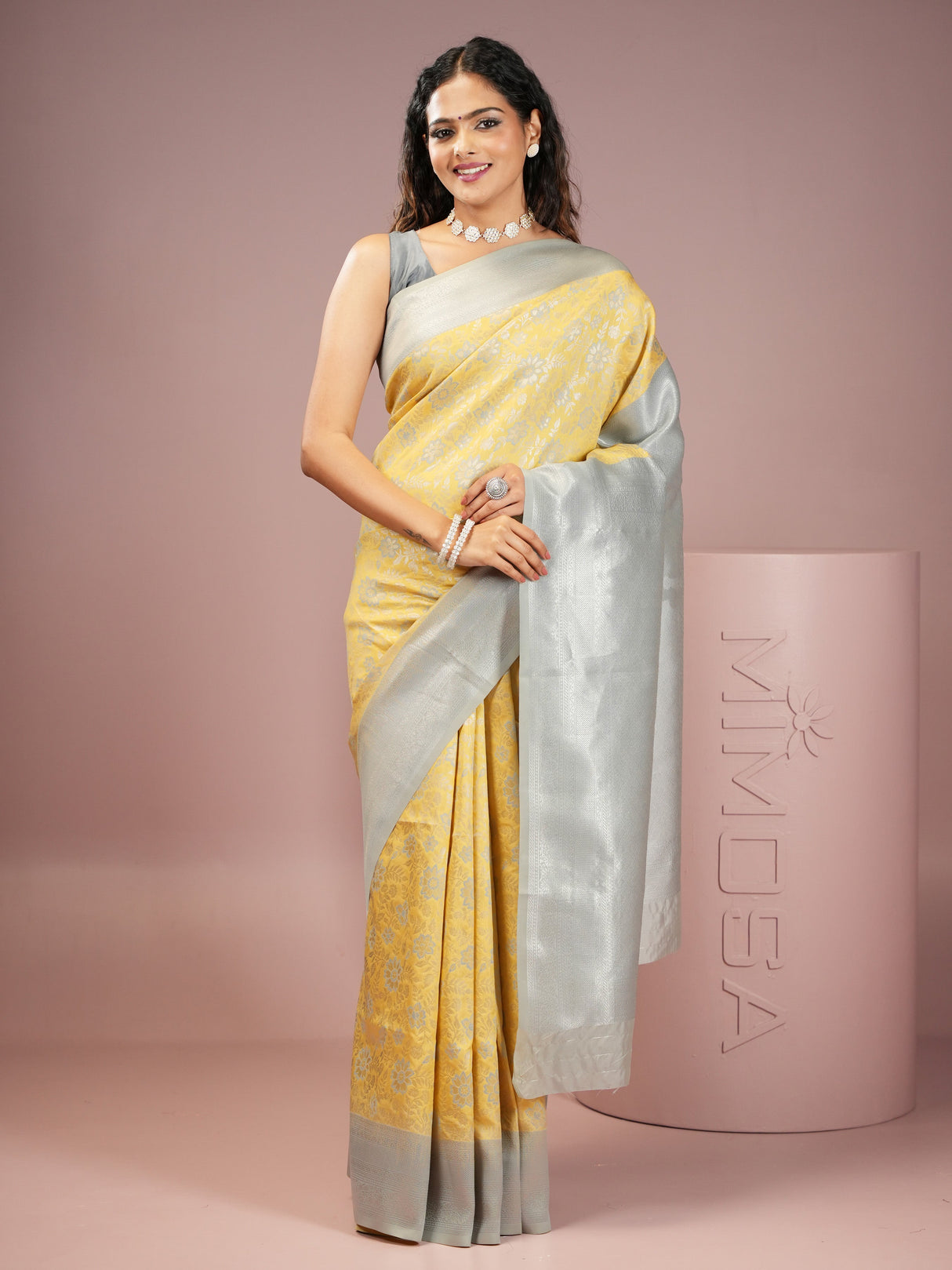 Mimosa Women's Woven Design Kanjivaram Style Art Silk Saree With Blouse Piece : SA00002003YLWFREE