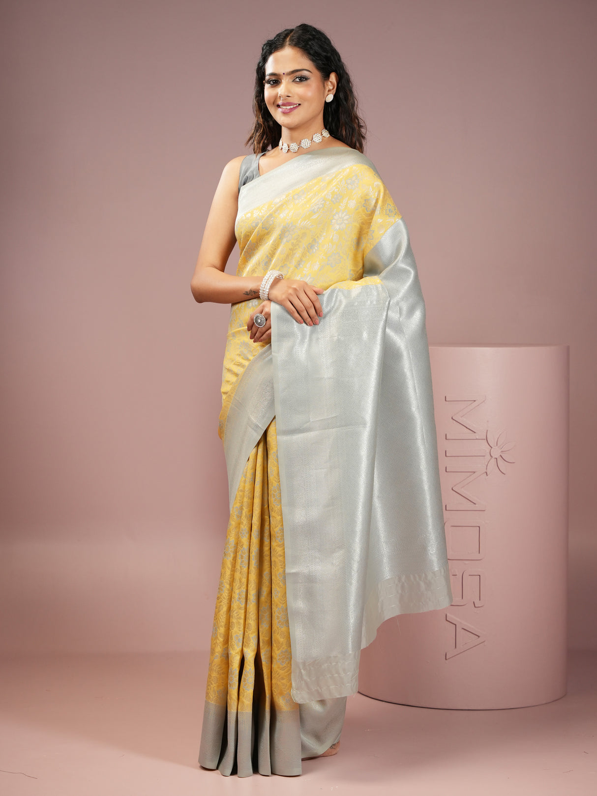Mimosa Women's Woven Design Kanjivaram Style Art Silk Saree With Blouse Piece : SA00002003YLWFREE