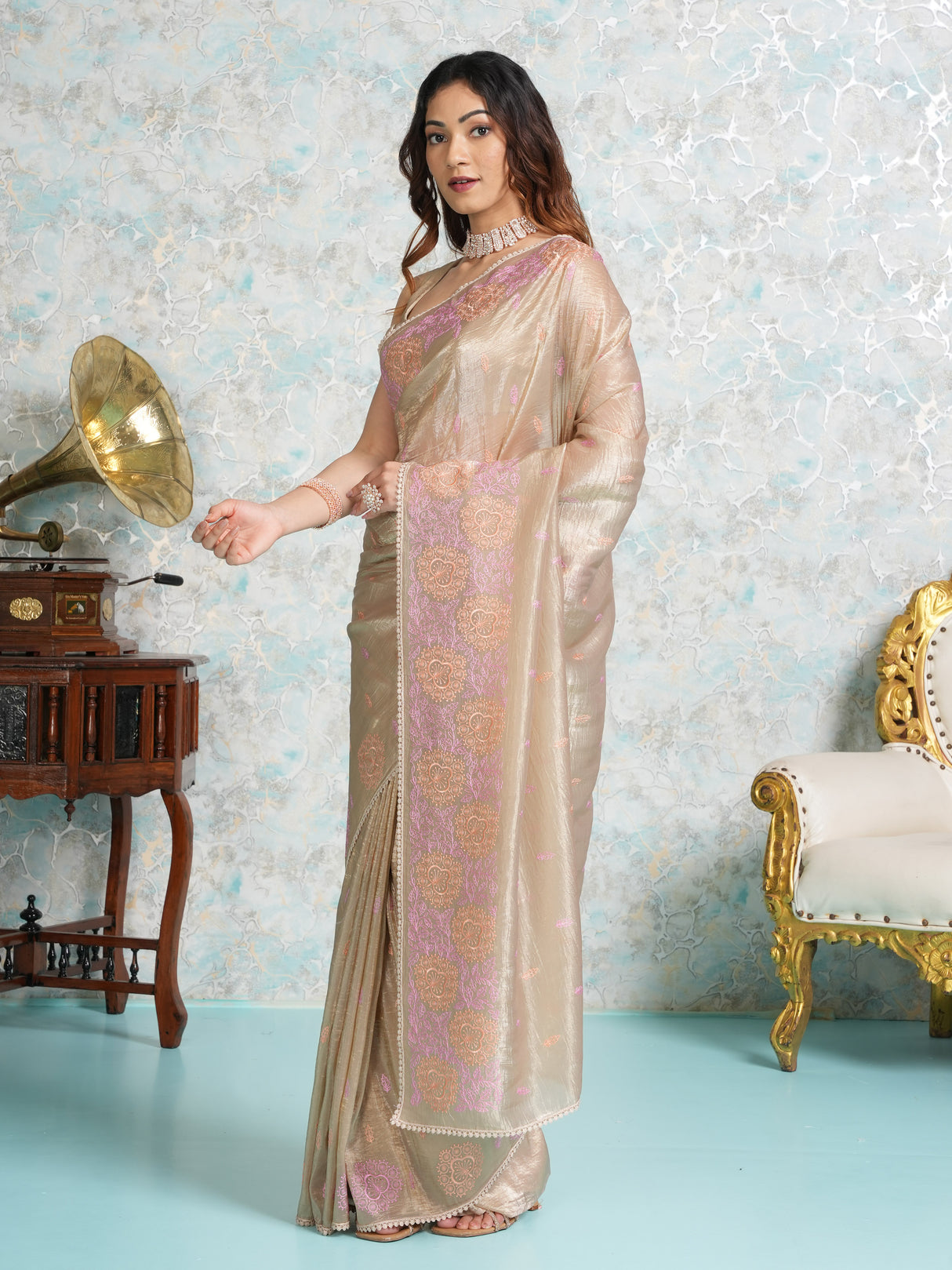 Mimosa Women's Woven Design Banarasi Style Tissue Crush Saree With Blouse Piece : SA00002010CKFREE