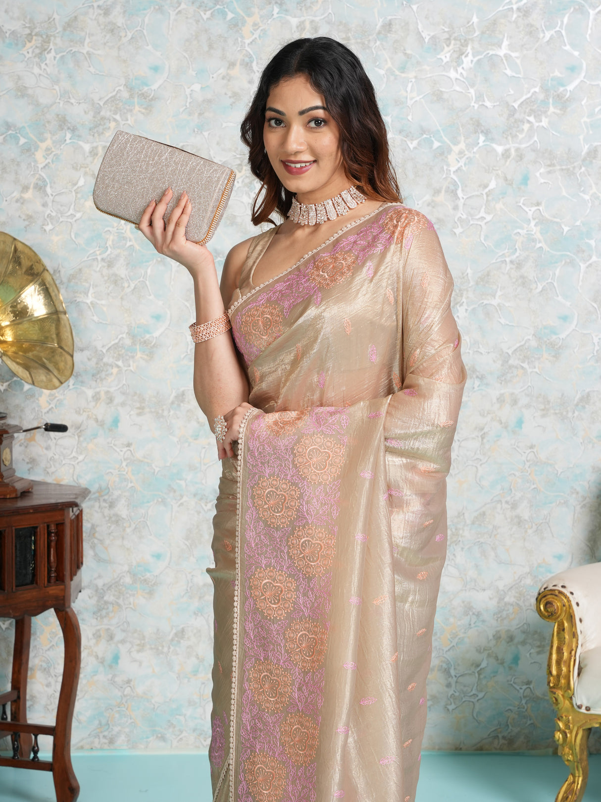 Mimosa Women's Woven Design Banarasi Style Tissue Crush Saree With Blouse Piece : SA00002010CKFREE