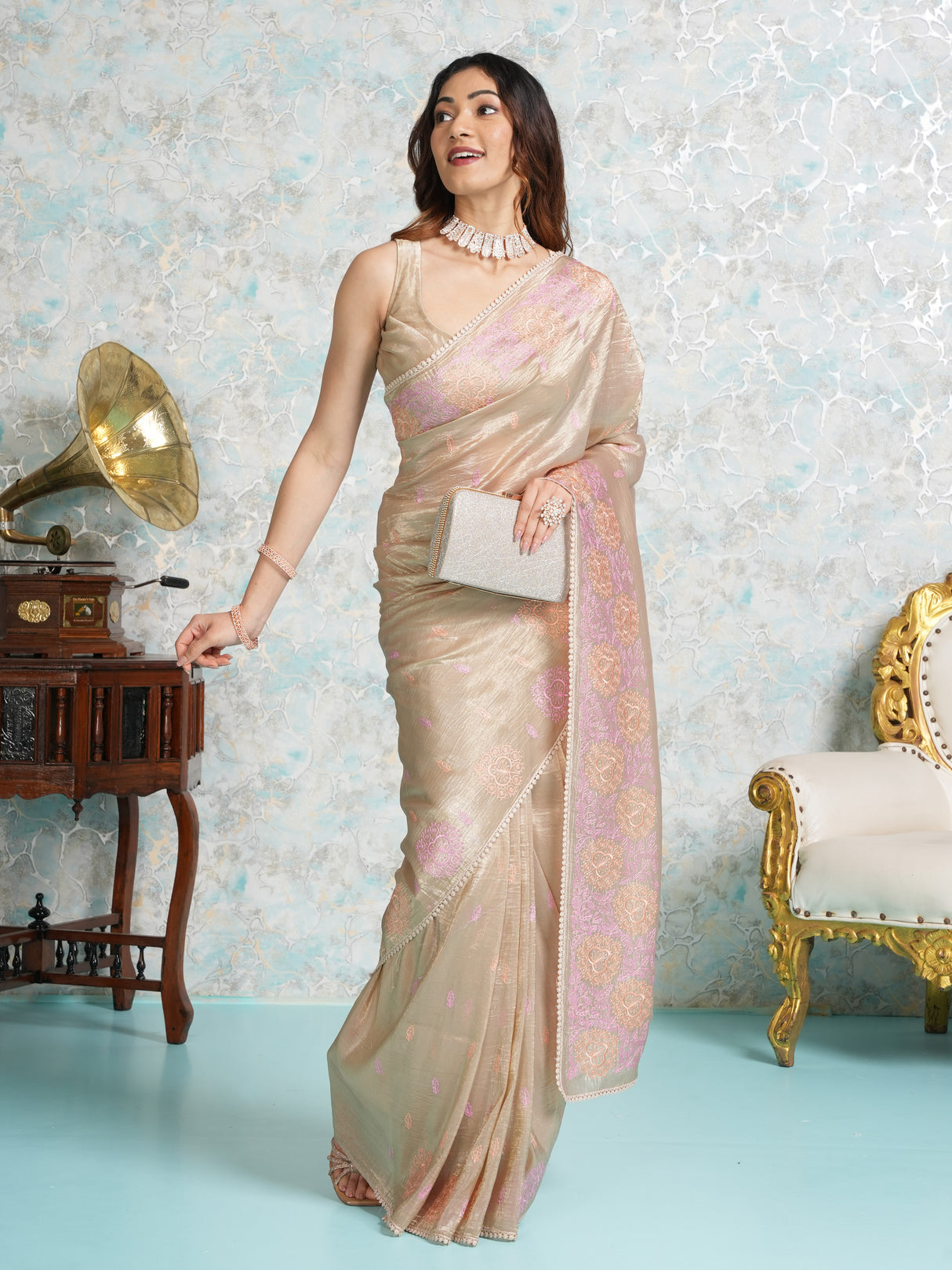 Mimosa Women's Woven Design Banarasi Style Tissue Crush Saree With Blouse Piece : SA00002010CKFREE