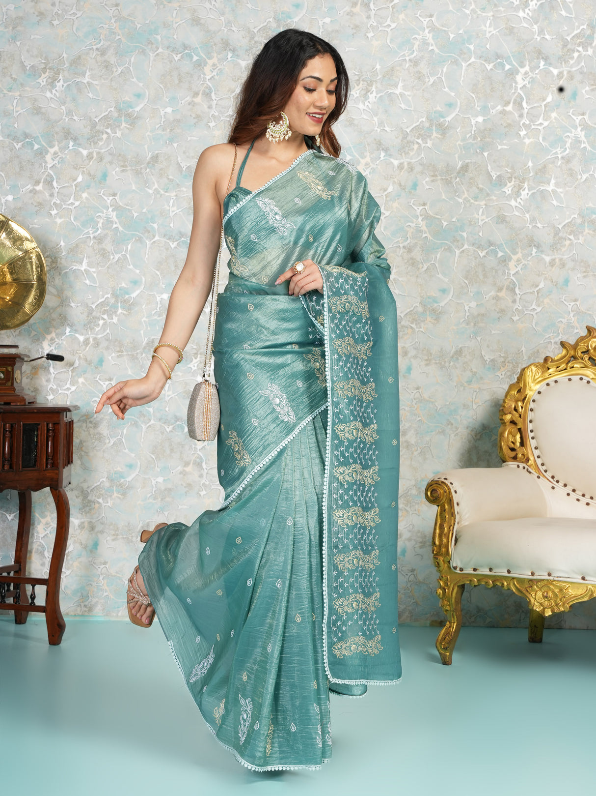 Mimosa Women's Woven Design Banarasi Style Tissue Crush Saree With Blouse Piece : SA00002012SFFREE