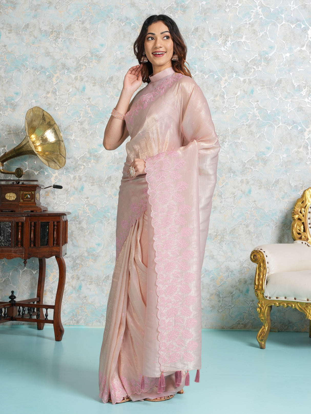 Mimosa Women's Woven Design Banarasi Style Tissue Crush Saree With Blouse Piece : SA00002013TSFREE