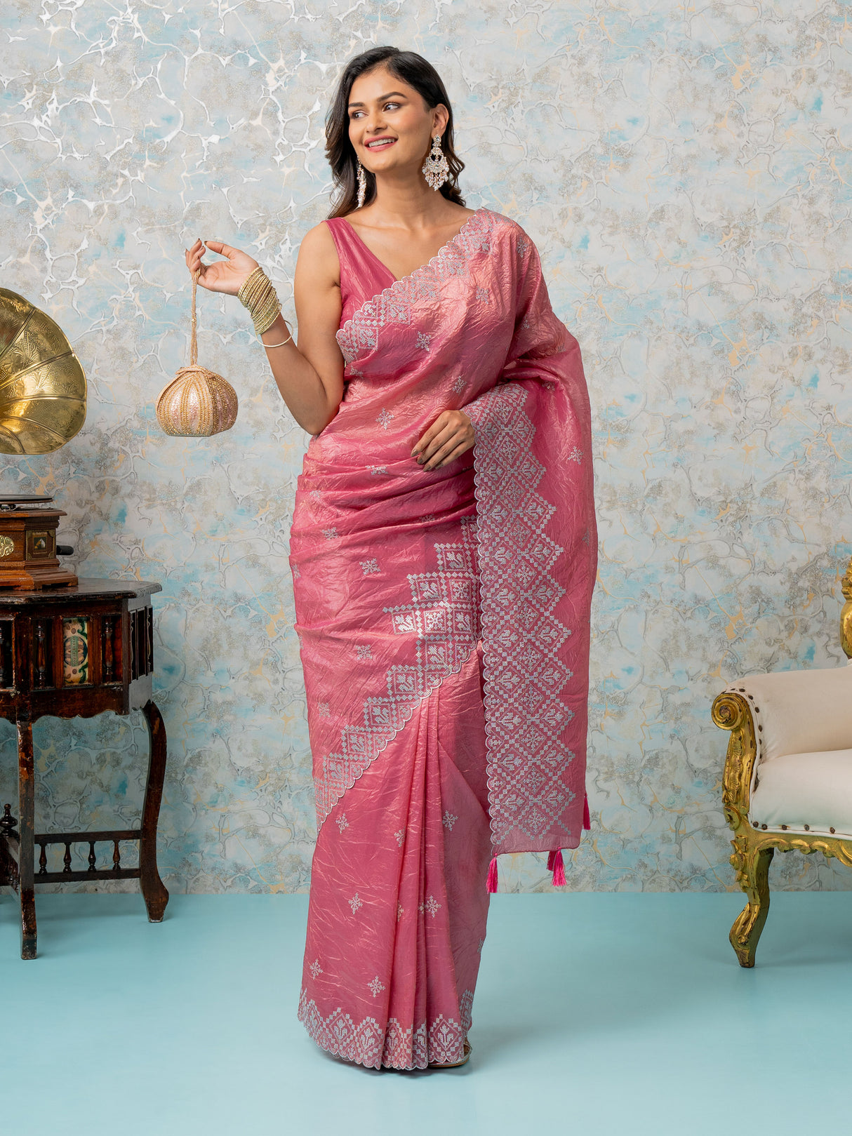 Mimosa Women's Woven Design Banarasi Style Tissue Crush Saree With Blouse Piece : SA00002015STFREE