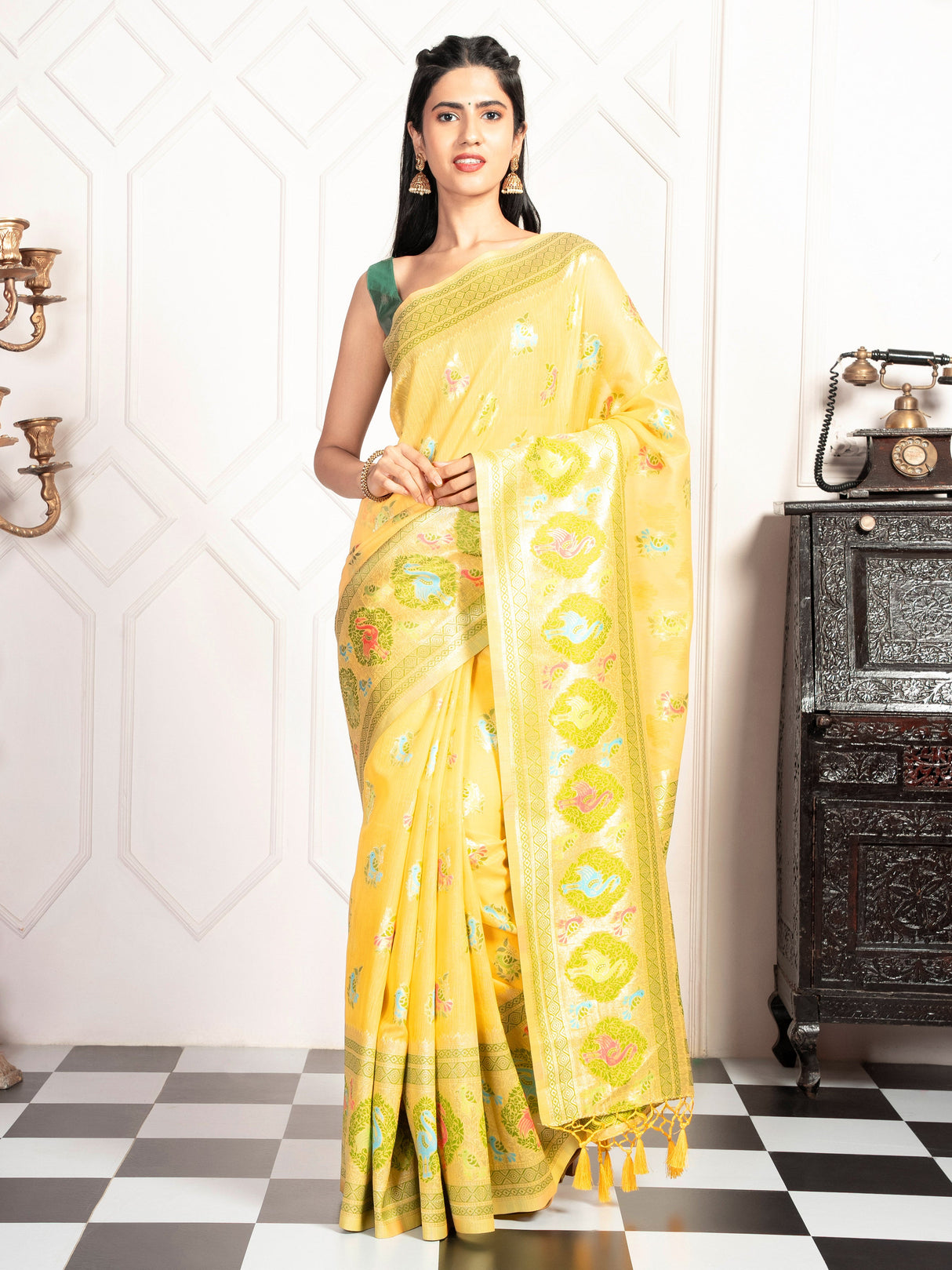 Mimosa Women's Woven Design Kanjivaram Style Art Silk Saree With Blouse Piece : SA00002067YLWFREE