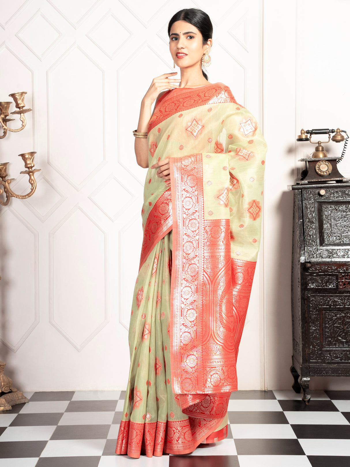 Mimosa Women's Woven Design Kanjivaram Style Art Silk Saree With Blouse Piece : SA00002068PSFREE