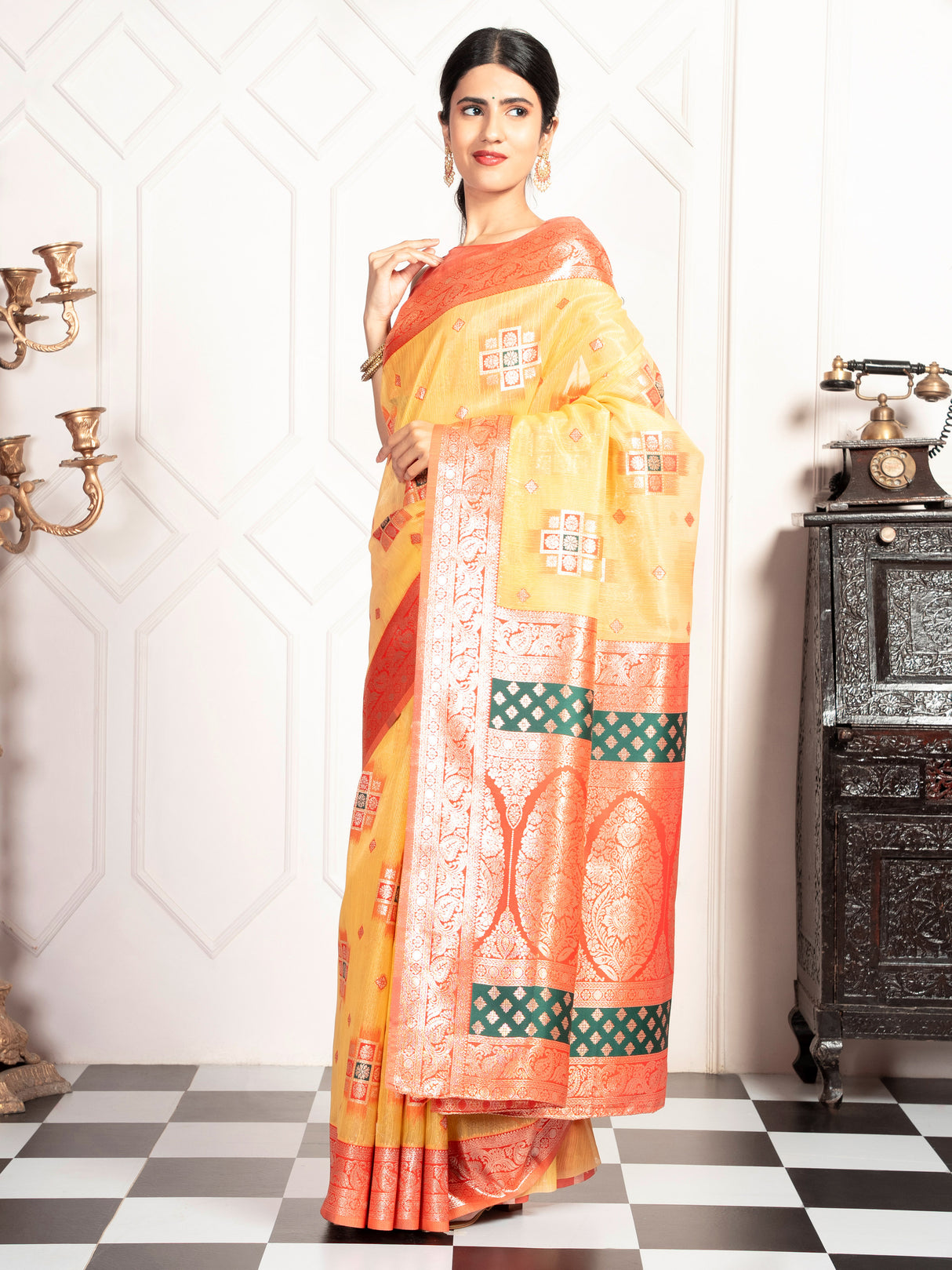 Mimosa Women's Woven Design Kanjivaram Style Art Silk Saree With Blouse Piece : SA00002072GDFREE
