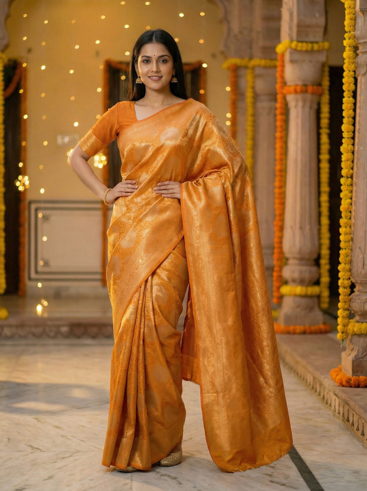MIMOSA Women's Woven Design Kanjivaram Style Art Silk Saree with Blouse Piece - Mustard ( SA00002246MSFREE )
