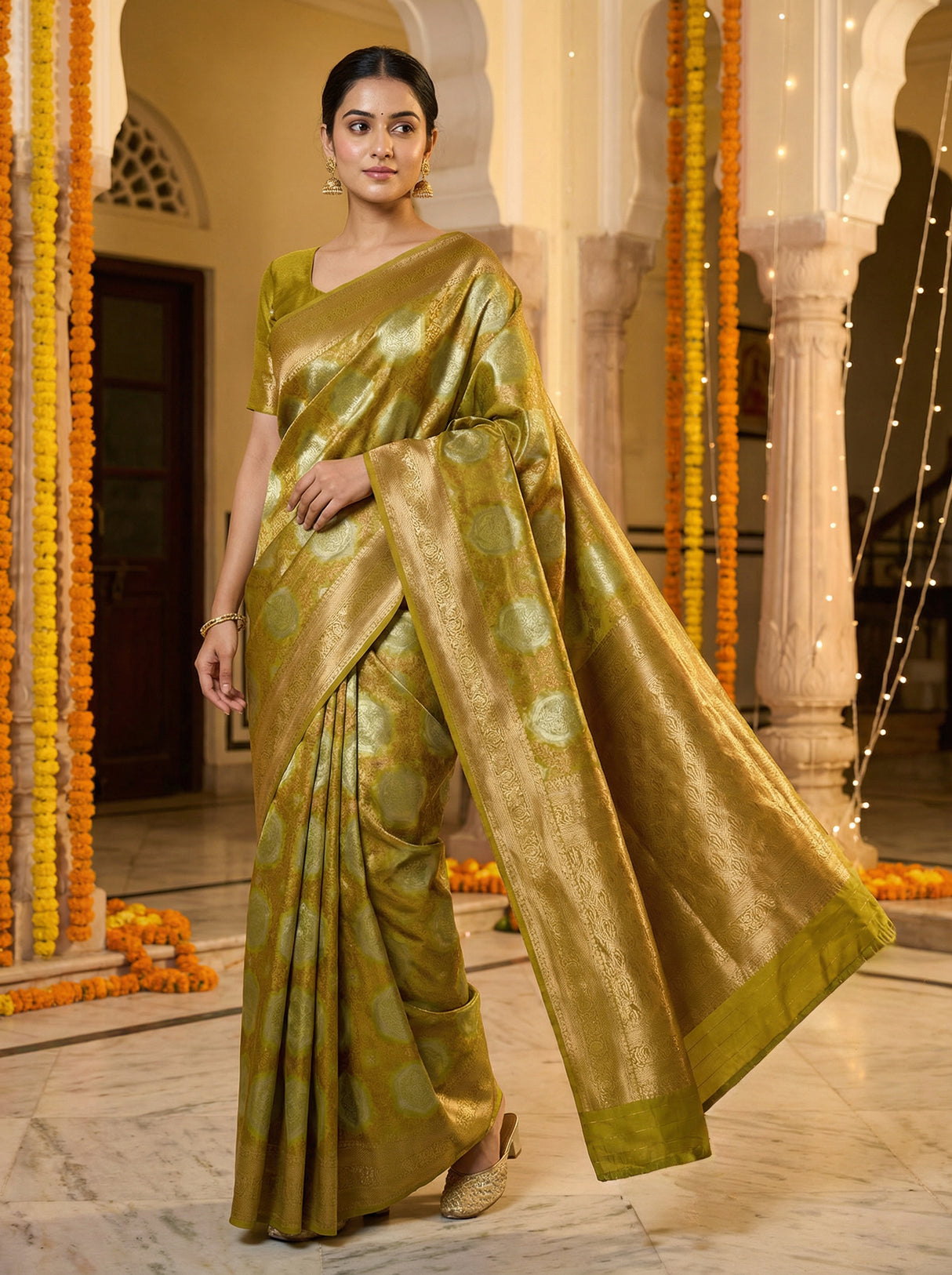 MIMOSA Women's Woven Design Kanjivaram Style Art Silk Saree with Blouse Piece - Olive ( SA00002246OLFREE )