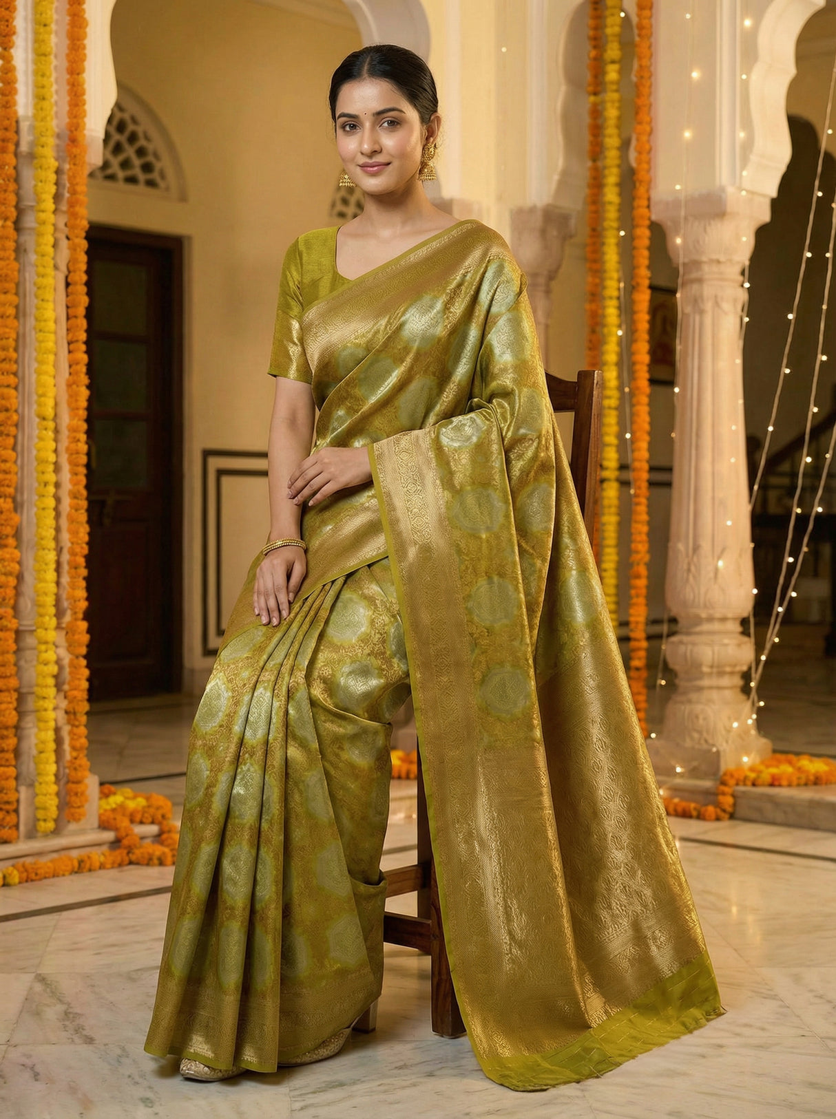 MIMOSA Women's Woven Design Kanjivaram Style Art Silk Saree with Blouse Piece - Olive ( SA00002246OLFREE )